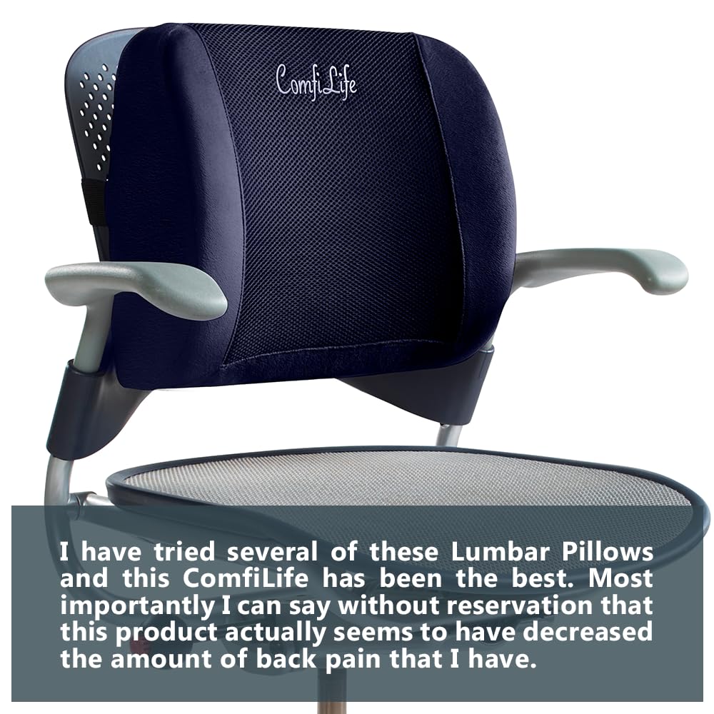 Lumbar Support Back Pillow Office Chair and Car Seat Cushion - Memory Foam with Adjustable Strap and Breathable 3D Mesh (Navy)