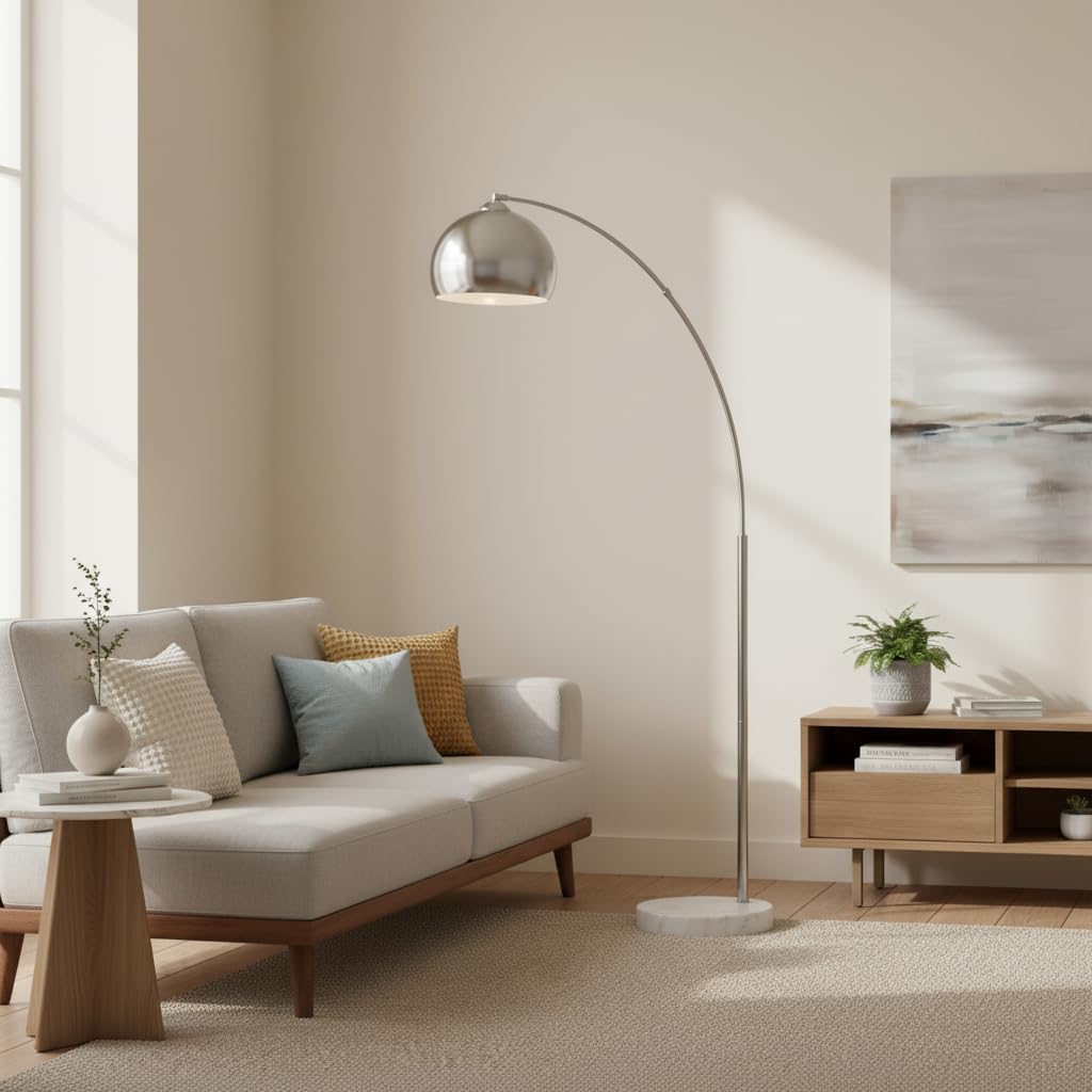 Arquer 68.1" Arc Floor Lamp for Living Rooms, Home Offices, Dining Rooms, Bedrooms with Faux White Marble Base and Nickel Bell Shade
