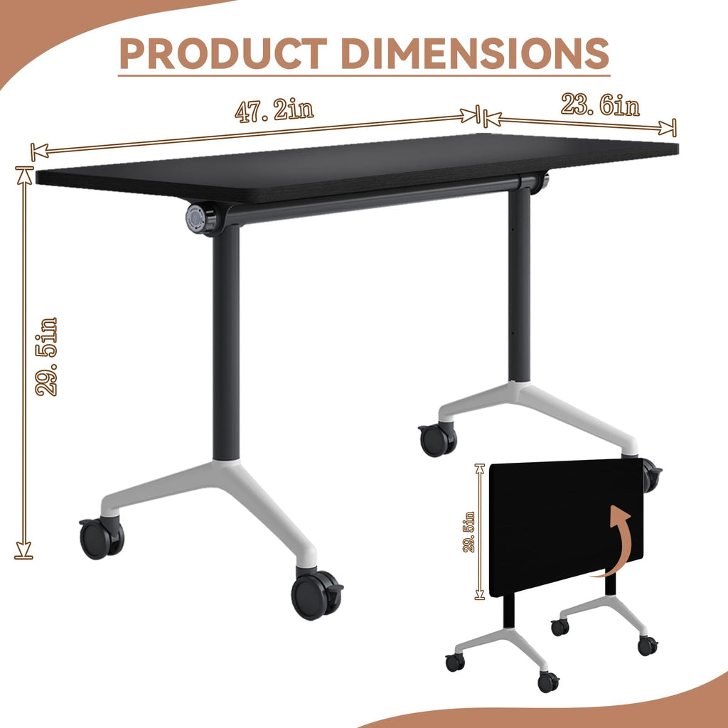 Folding Conference Table with Wheels, Flip-Top, 47.2in, 8 Pack, Black