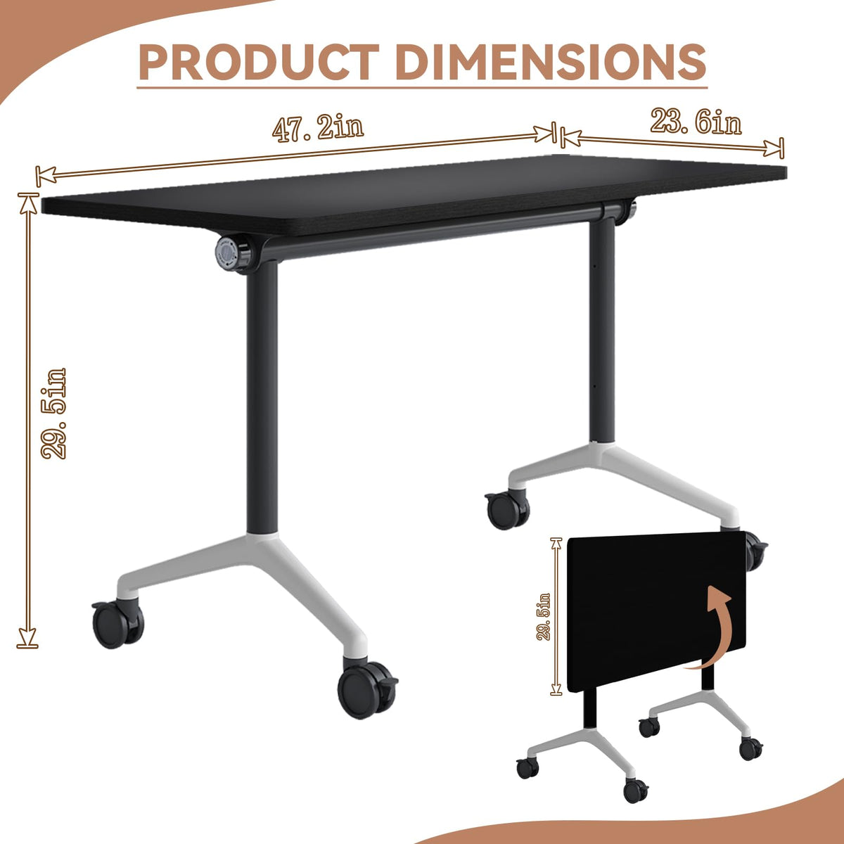 Folding Conference Table with Wheels, Flip-Top, 47.2in, 8 Pack, Black