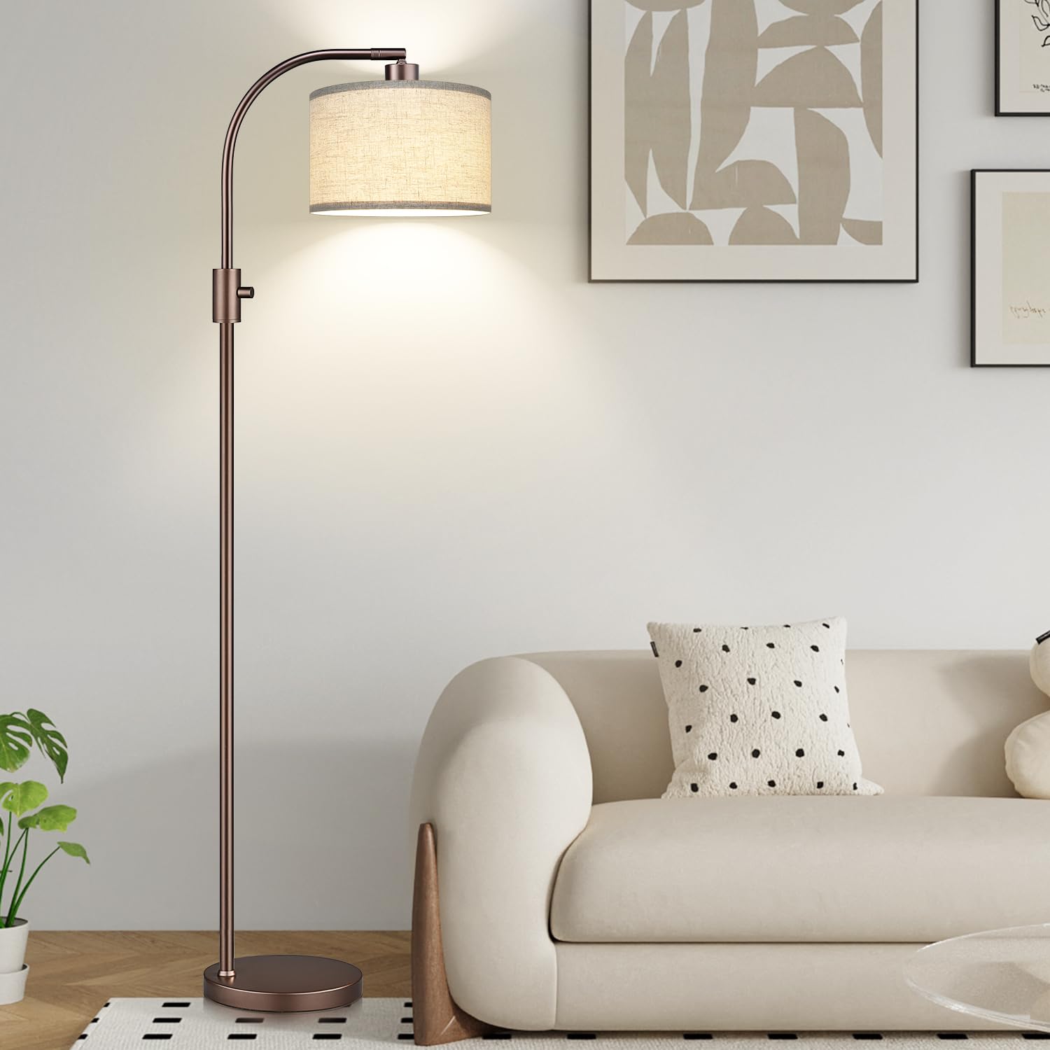 Upgraded Modern Arc Dimmable Tall Standing Floor Lamp with Linen Shade, 1200 Lumens LED Bulb Included, for Living & Reading Room, Bedroom, Office & Nursery, Brown