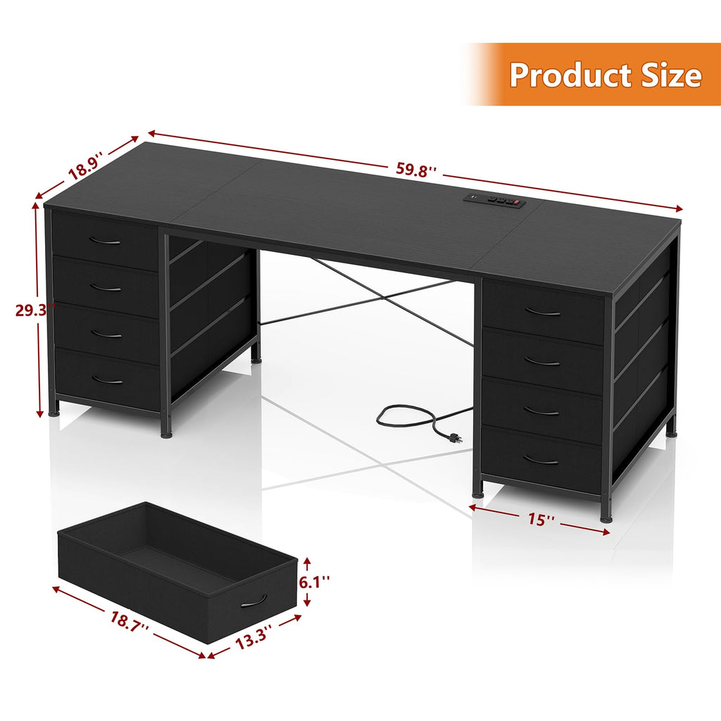 60 Inch Computer Desk with 8 Drawers, Home Office Desk with Power Outlets, Work Study Gaming Desk with 8 Fabric Drawers, Black