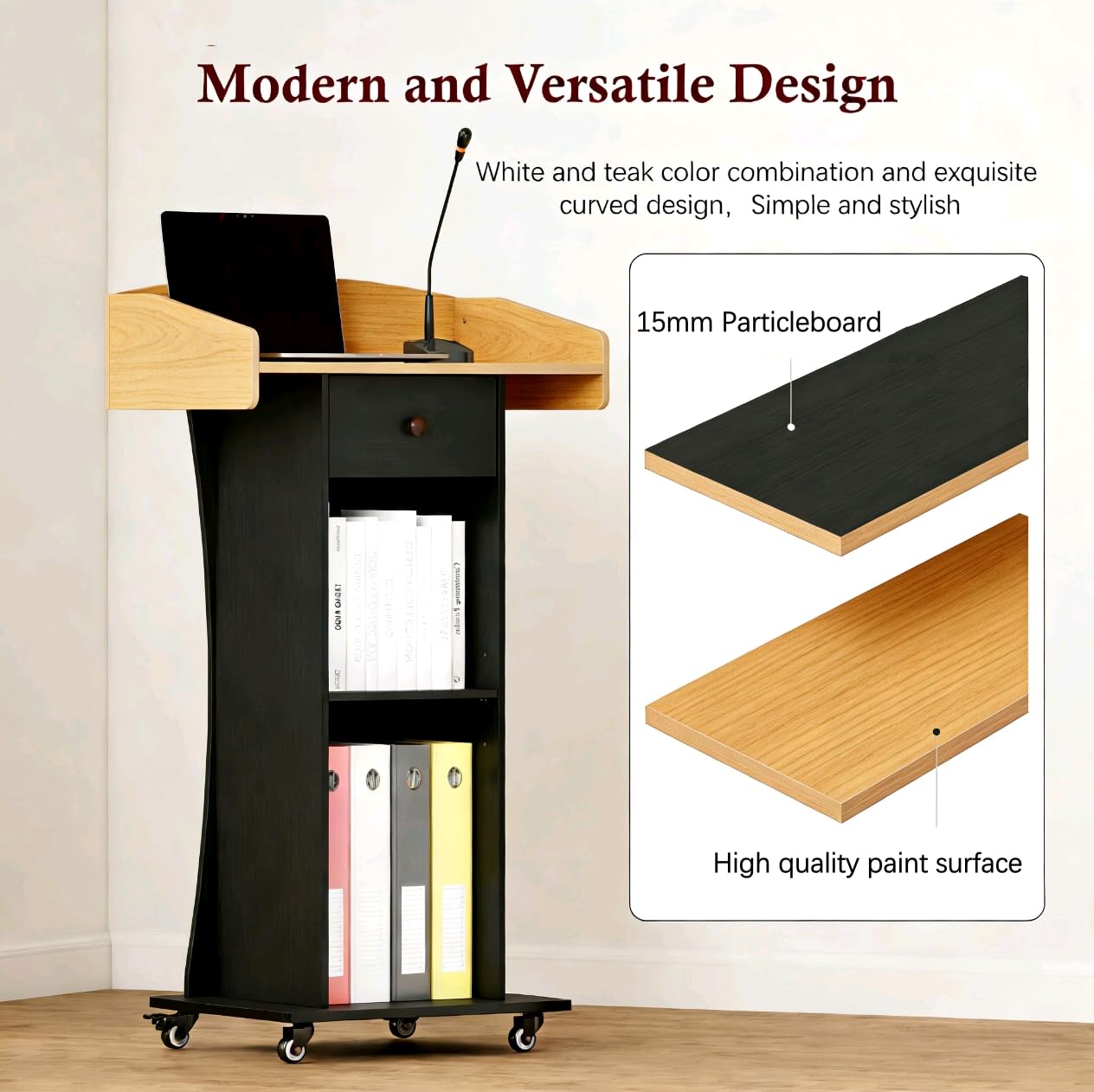 Podium Stand with Metal Wheels Wooden Teacher Lectern Portable Pulpit Standing with Drawer and Adjustable Shelf Mobile Rolling Reception Podiums for Church Office Classroom Lecture Meeting,Black+Oak