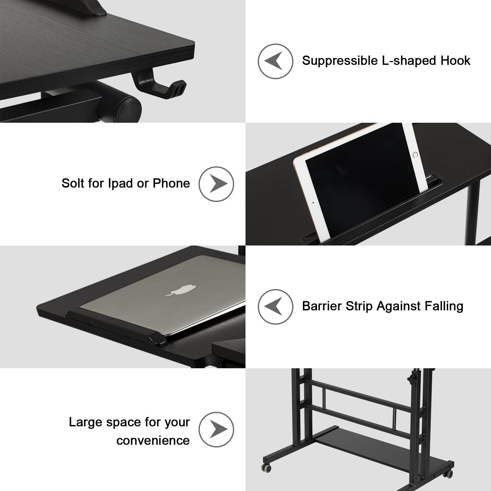 Stand Up Desk, Rolling Desk Adjustable Height, Mobile Standing Desk with Wheels & Charging Station, Portable Stand for Laptop, Rolling Computer Cart TV Tray, Small Standing Desk Drawing Table