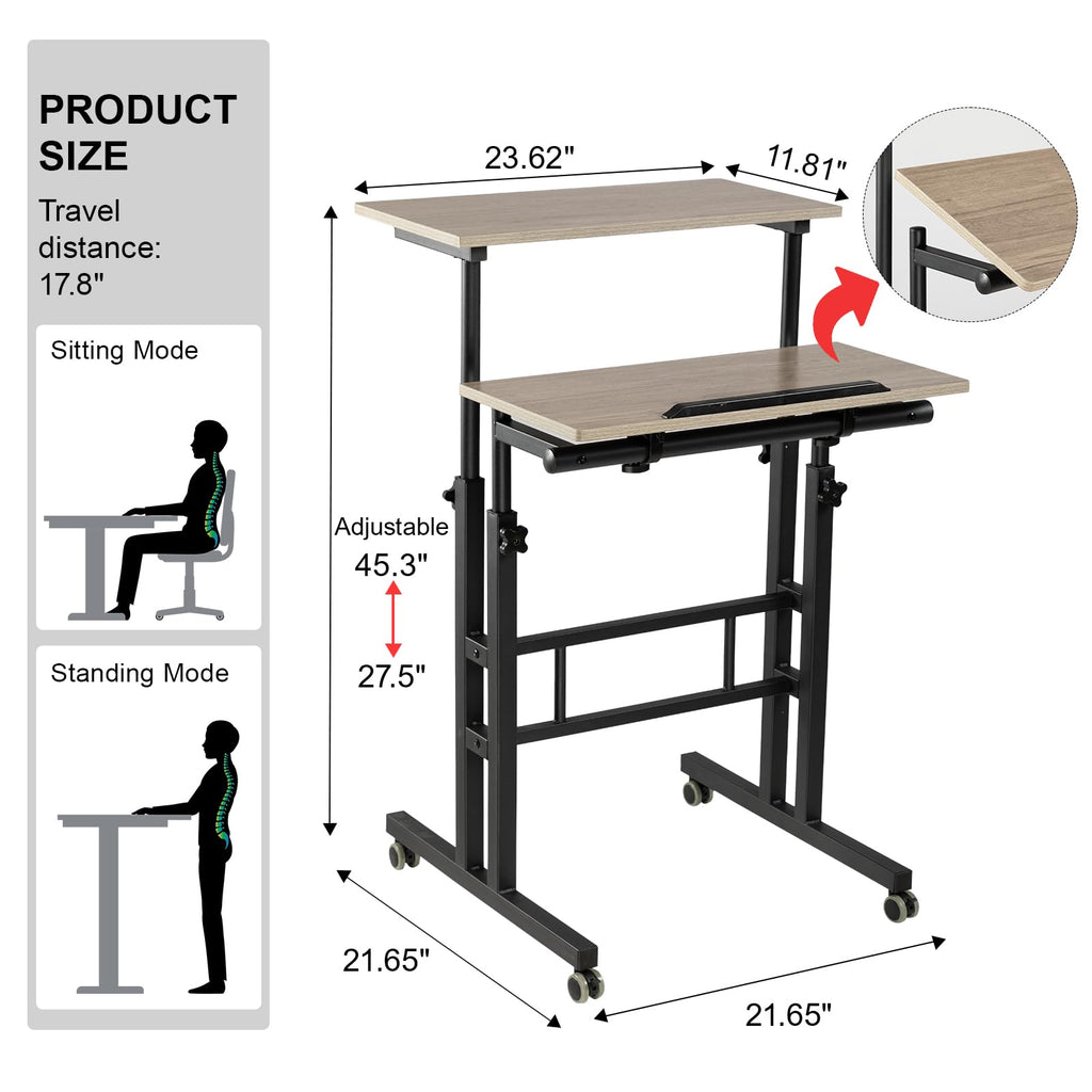 Mobile Standing Desk with Charging Station, Adjustable Standing Computer Desk, Standing Adjustable Laptop Cart with Wheels for Home Office Classroom Light Grey
