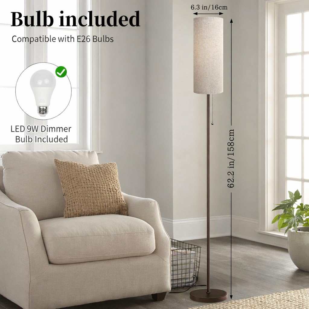 Floor Lamp for Living Room, Modern Standing Lamps with Lampshade, Minimalist Tall Lamp with Chain Switch for Living Room, LED Bulb Included (Beige+Brown)