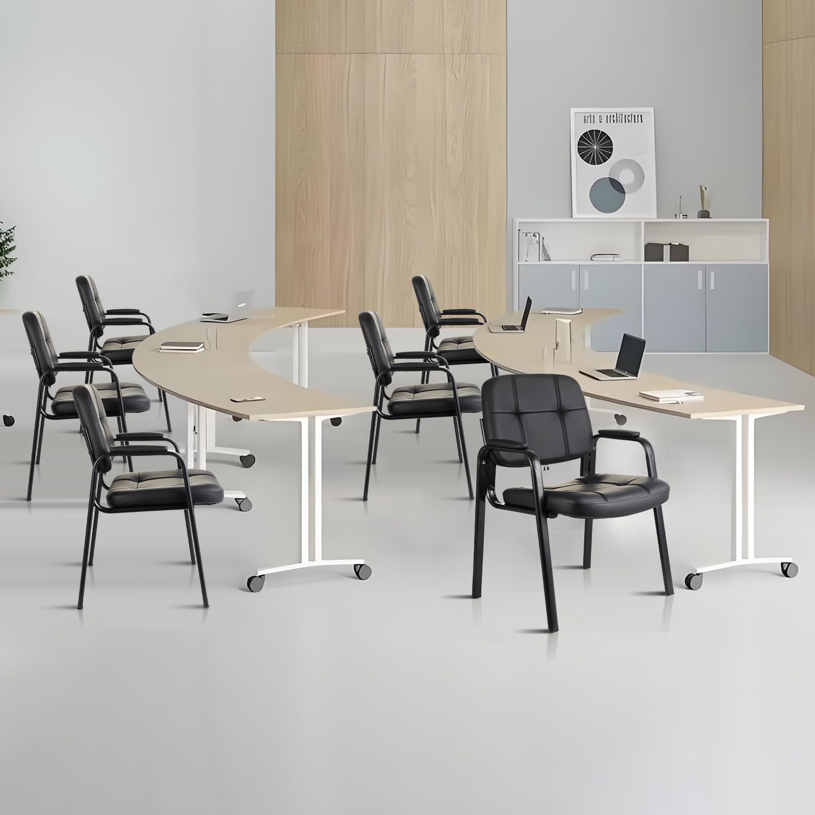 Waiting Room Guest Chair with Bonded Leather Padded Arm Rest for Office Reception and Conference Desk Black