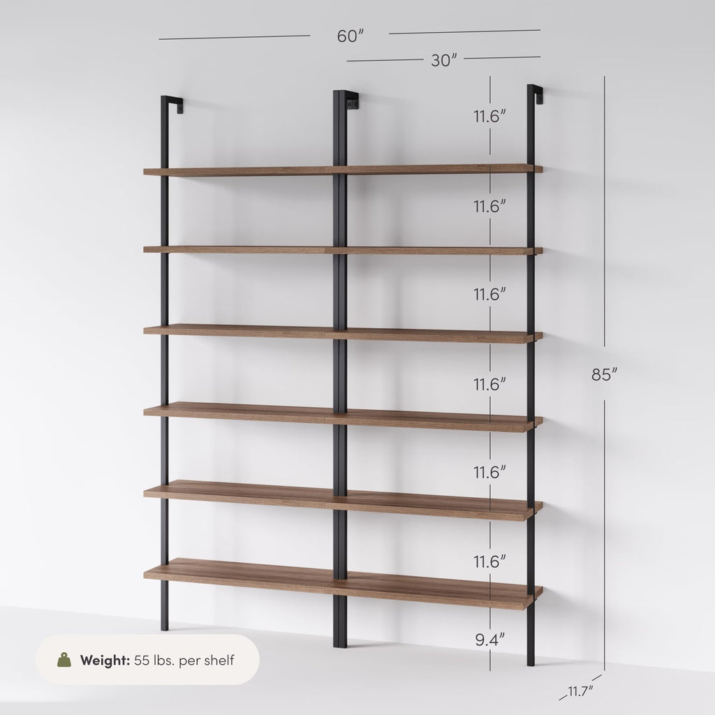 6-Shelf Tall Bookcase, Wall Mount Bookshelf with Reclaimed Oak Wood and Industrial Metal Frame, Reclaimed Oak/Matte Black, Set of 2