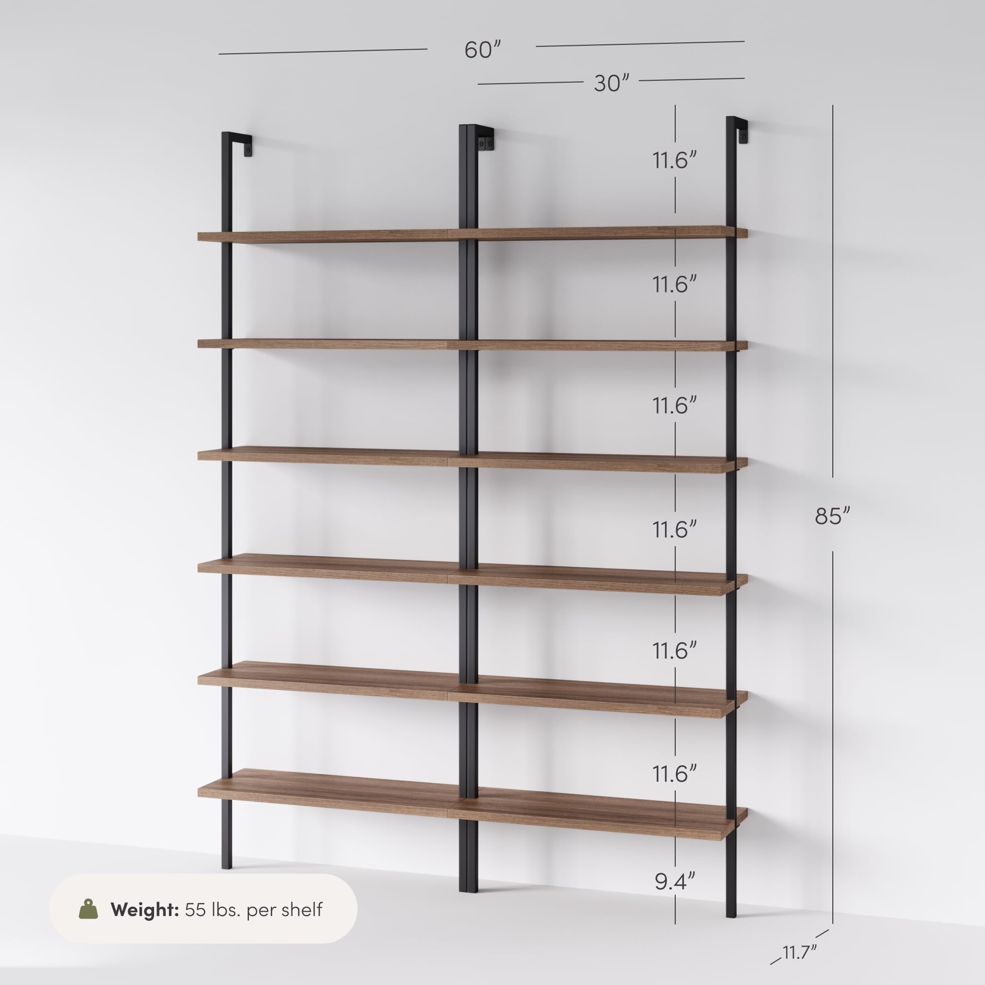 6-Shelf Tall Bookcase, Wall Mount Bookshelf with Reclaimed Oak Wood and Industrial Metal Frame, Reclaimed Oak/Matte Black, Set of 2