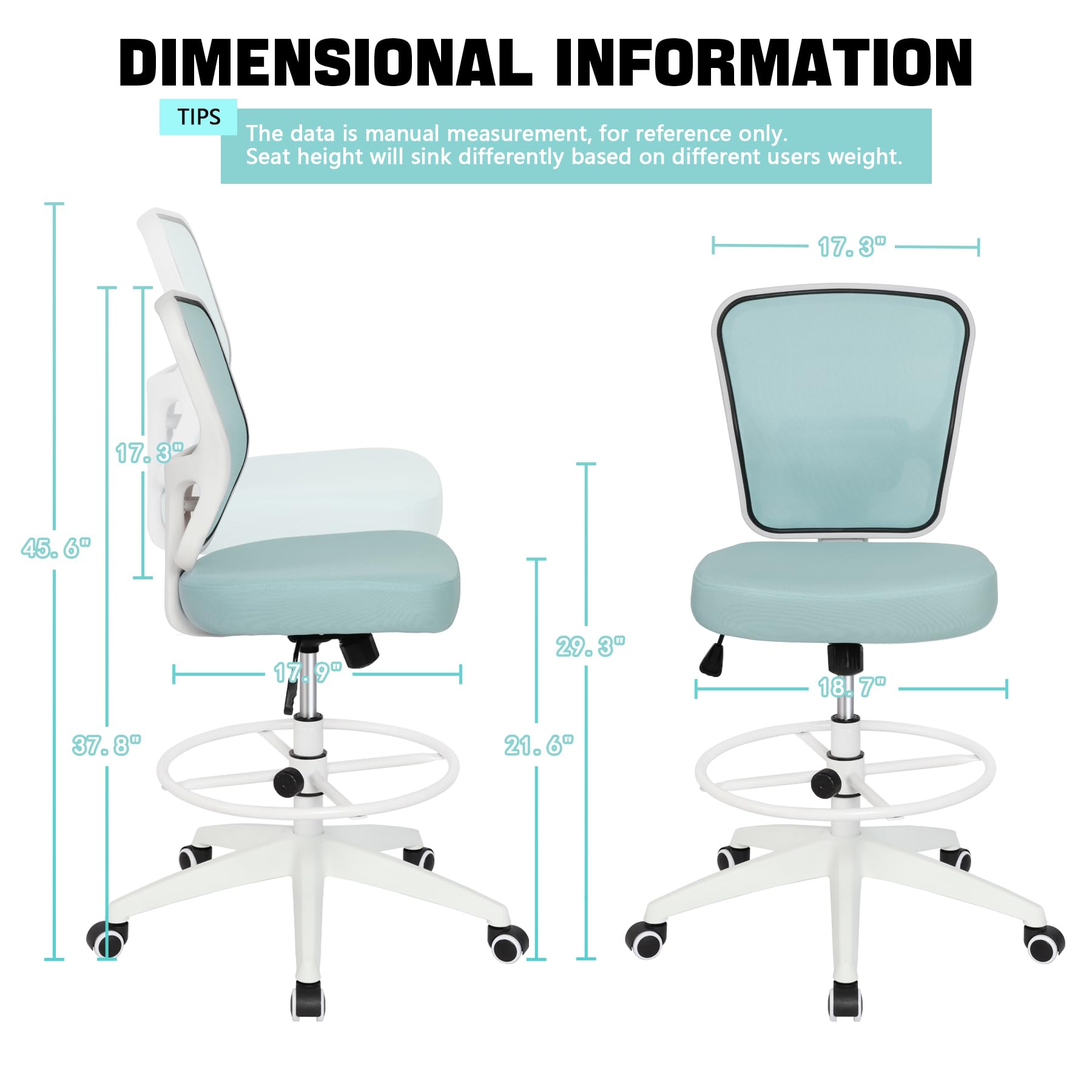Drafting Chair Adjustable Height Tall Office Chairs Standing Desk Chair Rolling Stool Chair Armless Office Drafting Chair Blue