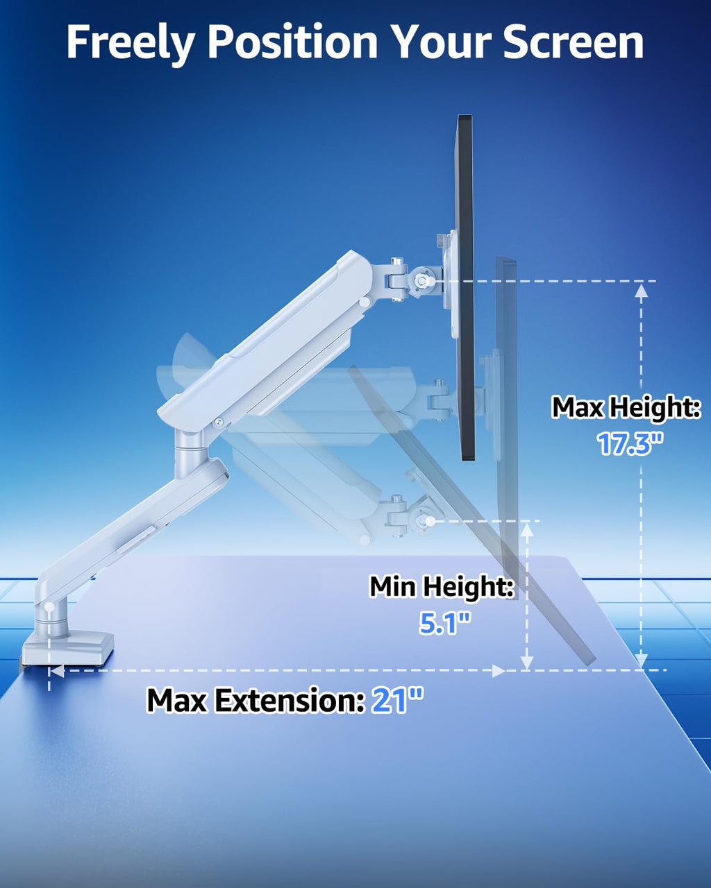Single Monitor Mount for 32 27 24 22 inch Screen, Monitor Arm Holds 4.4-22 lbs, Monitor Desk Mount, Gaming & Home Office Use, VESA 75x75mm & 100x100mm, Freelift Pro White