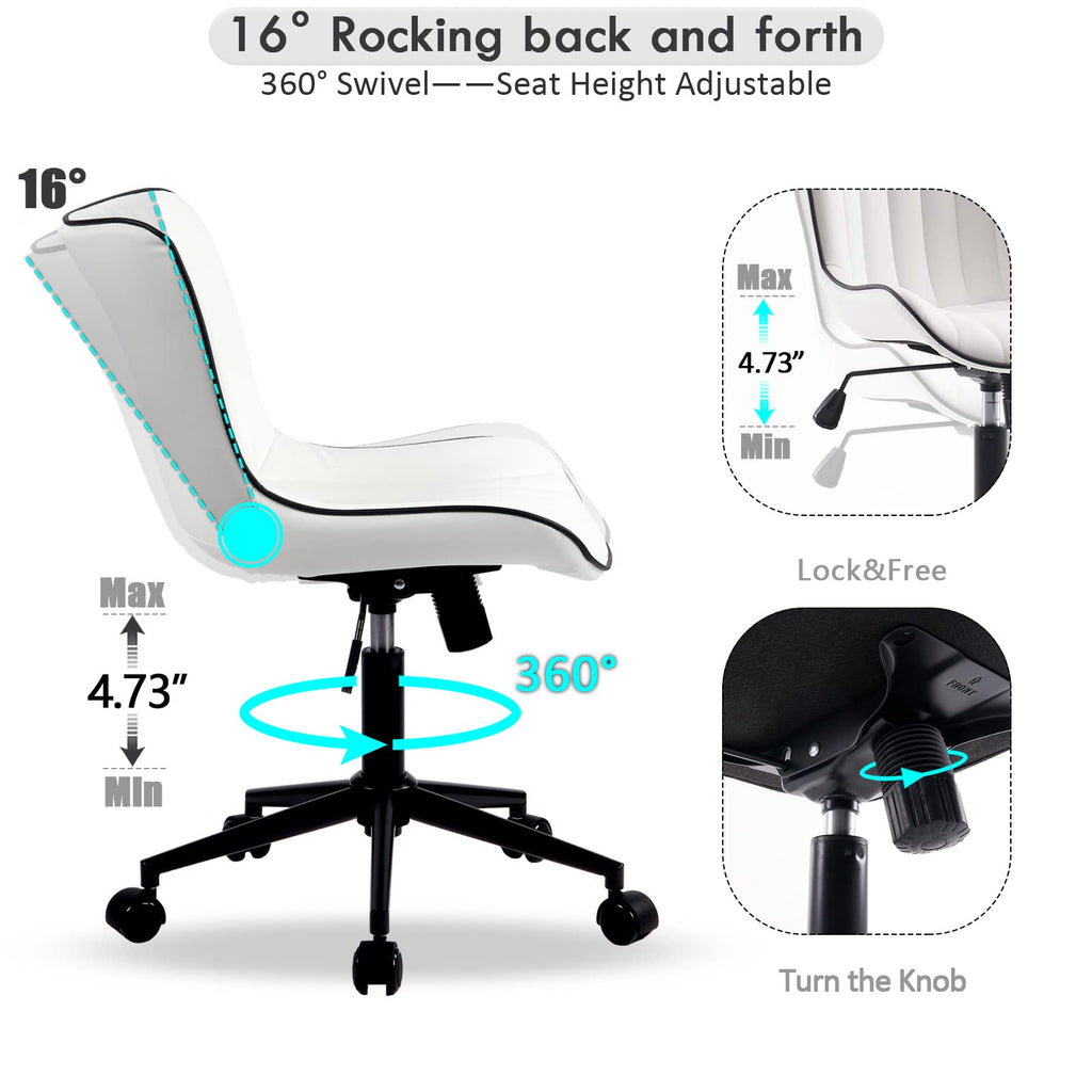 White Armless Office Chair Faux Leather Small Cute Desk Chair with 12° Rocking Back Adjustable Height Swivel Vanity Chair Ergonomic Compact Home Computer Rolling Task Chair for Small Spaces