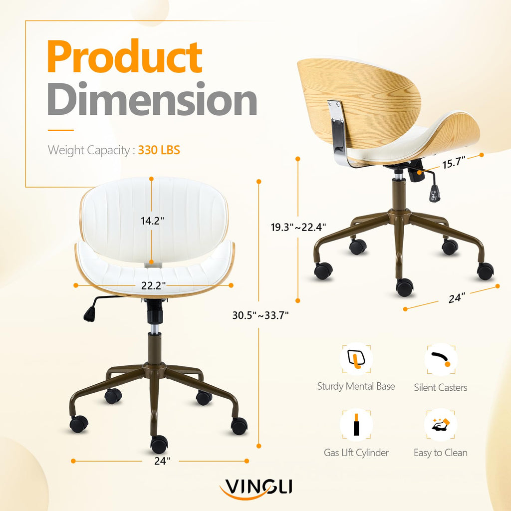 Wide Comfotable Swivel Home Office Chair with Wood-Grain Curved Shell,Ergomomic Mid-Back Padded Armless Rolling Desk Chair with Wheels,Height Adjustable for Computer,Task,Work,PU Leather,White