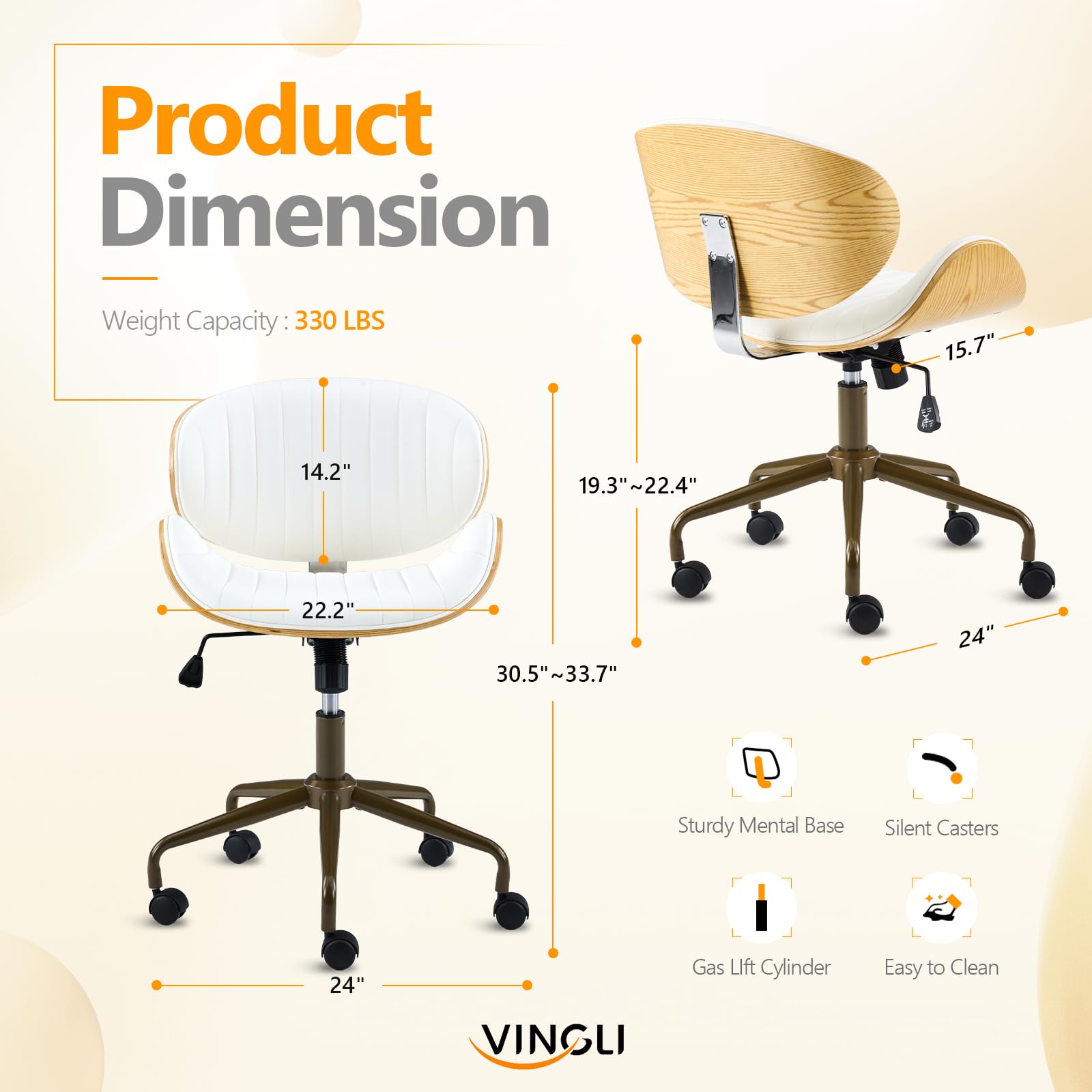 Wide Comfotable Swivel Home Office Chair with Wood-Grain Curved Shell,Ergomomic Mid-Back Padded Armless Rolling Desk Chair with Wheels,Height Adjustable for Computer,Task,Work,PU Leather,White
