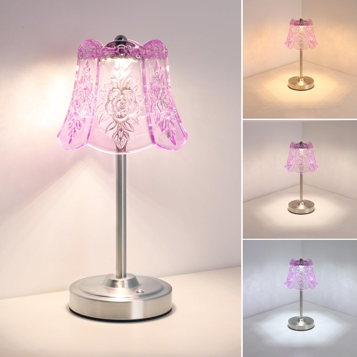 Cordless Touch Table Lamp with 5200mAh Battery - 3 Adjustable Color Temperatures & Dimmable, Rechargeable Desk Lamp for Bedroom, Living Room, Office, Entryway, Bookshelves (Clear Purple Rose)