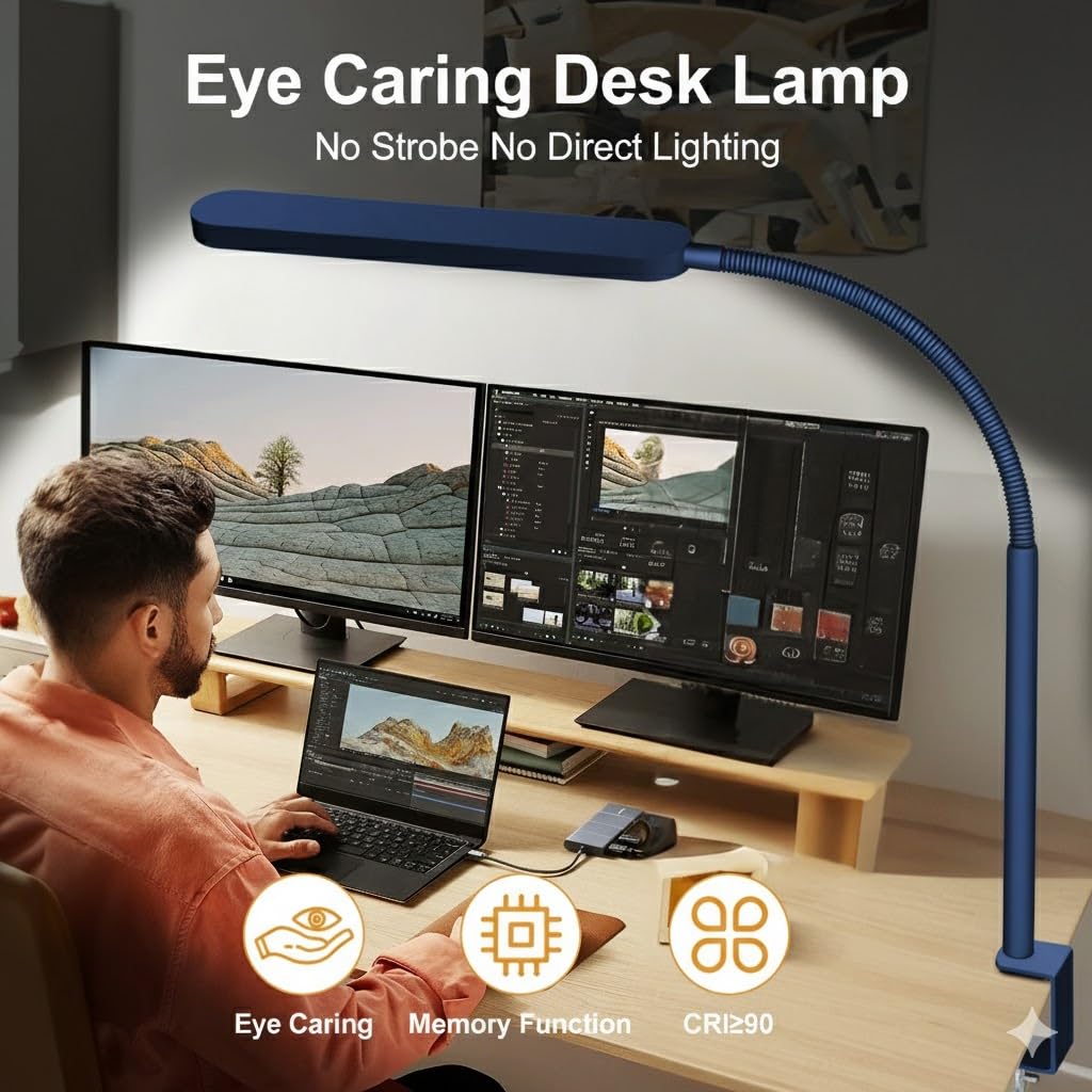 LED Desk Lamp - Desk Light for Office - Flexible Gooseneck - 5 Color Modes X 11 Brightness Levels - 1300LM - Timmer & Memory Function - 12W Clip on Light - Blue