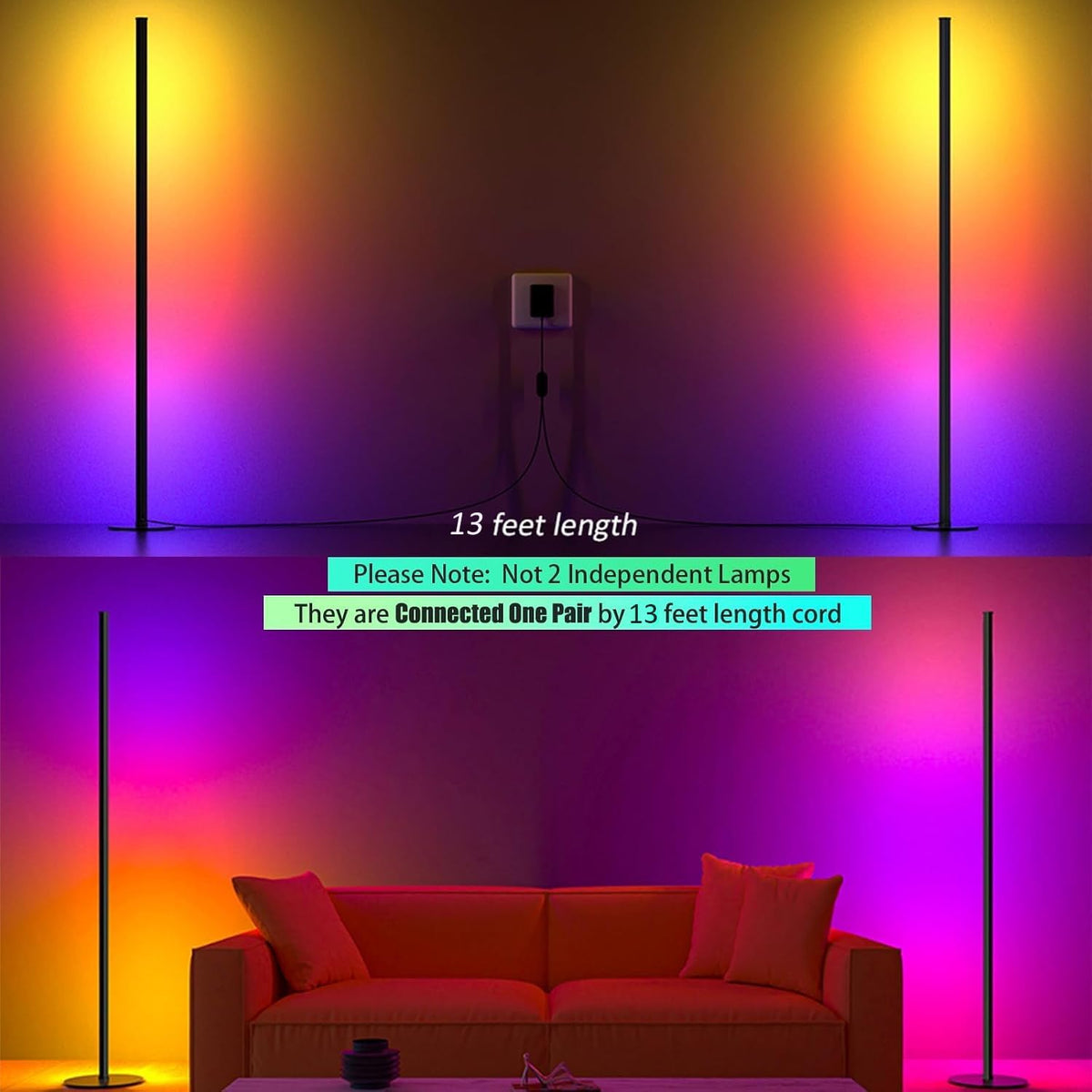 LED Corner Floor Lamp, Ambient Lighting One Connected Pair