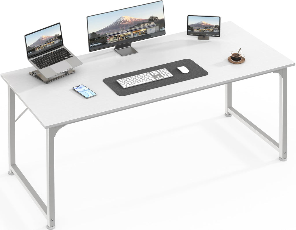 Computer Desk, 55 Inch Home Office Desk, Gaming Writing Work from Home Study Desk, Large Legroom, Sturdy Metal Frame, Modern Simple, White