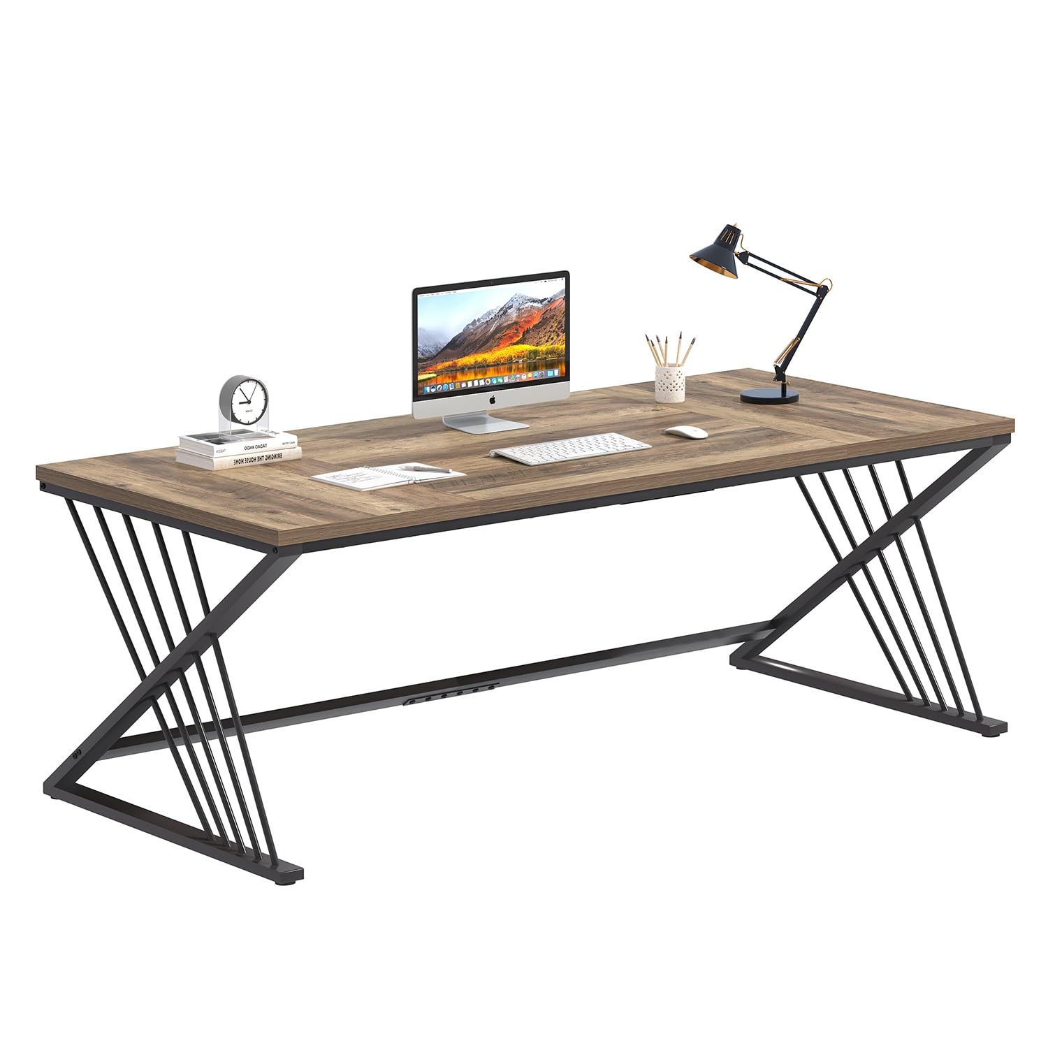 70.9" Computer Desk with Z-Shaped Legs, Industrial Work Executive Home Office Desk, Large 2 Person Gaming Study Desk Writing Table, Oak