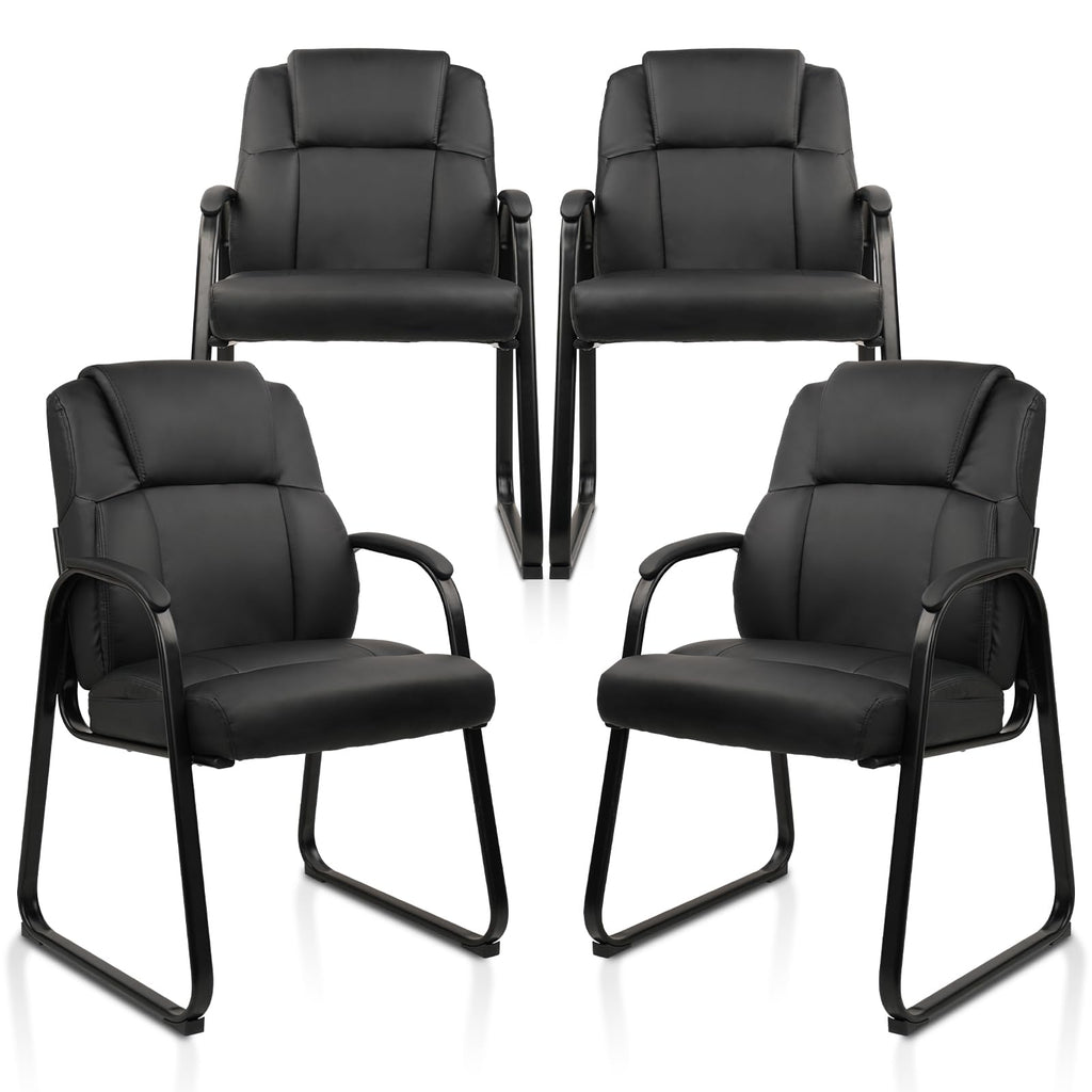 4 Pack, Leather Guest Chair with Padded Arm Rest for Reception Meeting Conference and Waiting Room Side Office Home Black with Sled Base