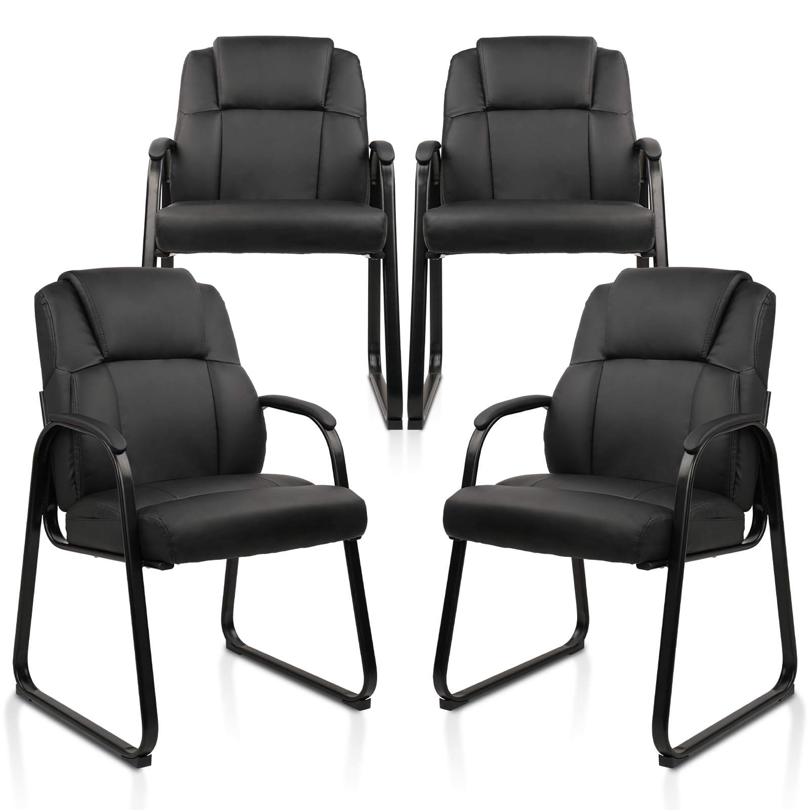 4 Pack, Leather Guest Chair with Padded Arm Rest for Reception Meeting Conference and Waiting Room Side Office Home Black with Sled Base