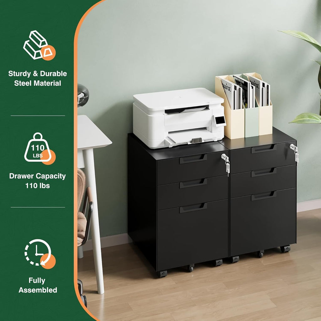 3 Drawer Mobile File Cabinet with Lock,Under Desk Metal Small Filing Cabinets for Home Office Organizer Letters/Legal/A4(Fully Assembled Except Wheels-Black)