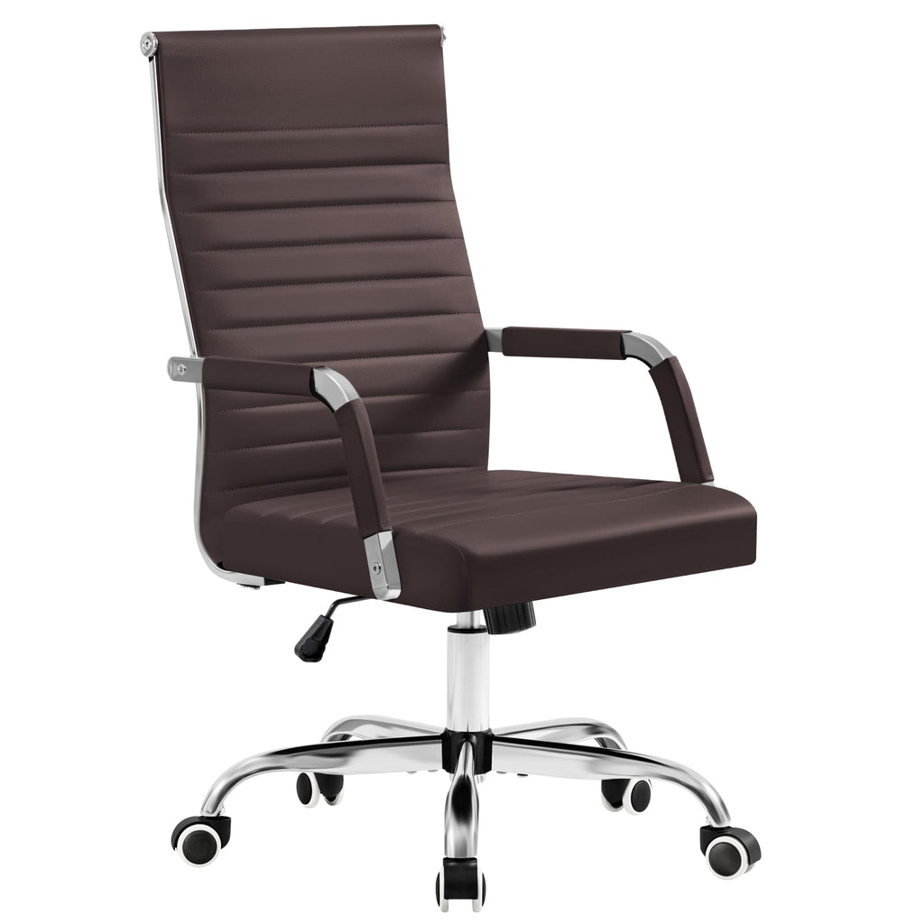 Ergonomic Office Desk Chair, Executive Ribbed Mid-Back PU Leather Conference Room Chair Adjustable Swivel Chair with Arms (1, Brown)