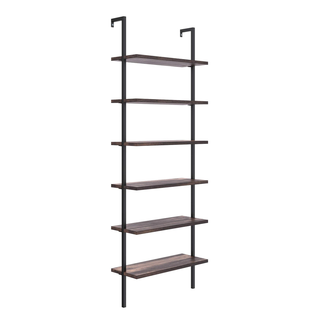 6-Shelf Tall Bookcase, Wall Mount Bookshelf with Natural Wood Finish and Industrial Metal Frame, Nutmeg/Matte Black