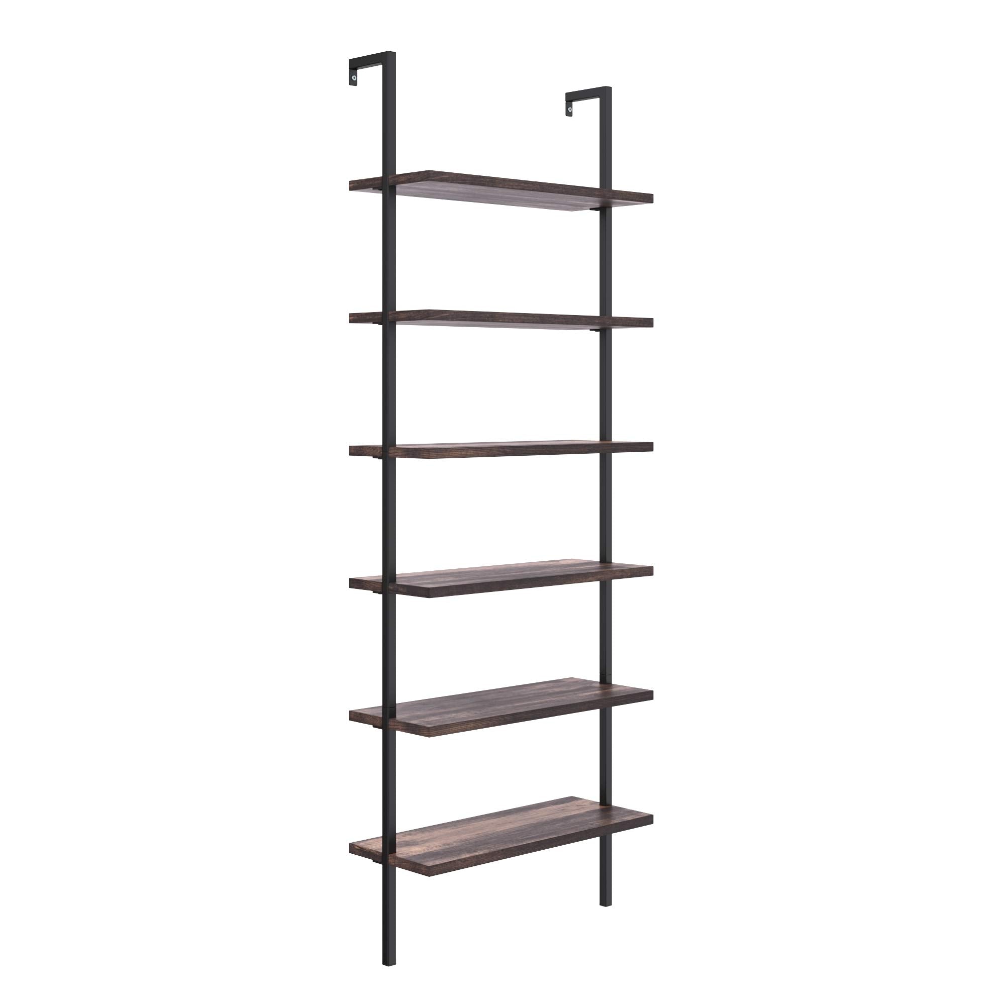 6-Shelf Tall Bookcase, Wall Mount Bookshelf with Natural Wood Finish and Industrial Metal Frame, Nutmeg/Matte Black