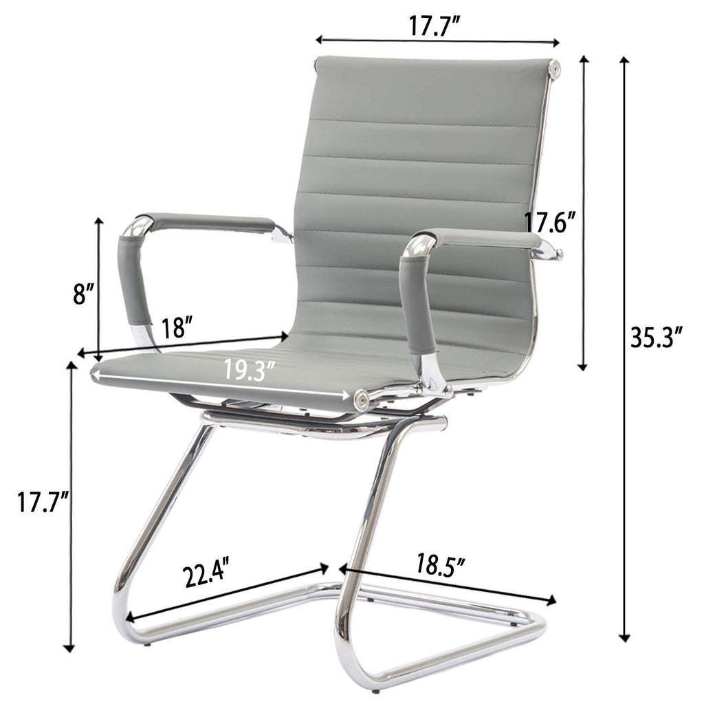 Conference Room Chairs Set of 2, Waiting Room Chairs with Arms, Faux Leather Reception Chairs No Wheels, Office Guest Chairs with Mid Back Support and Chrome Sled Base, Grey