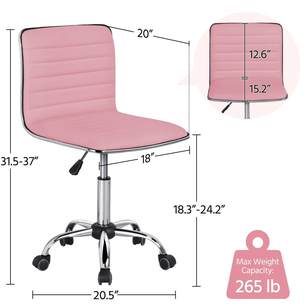 Pink Low Back PU Leather Ribbed Armless Office Chair, Ergonomic Swivel Task Chair with Wheels