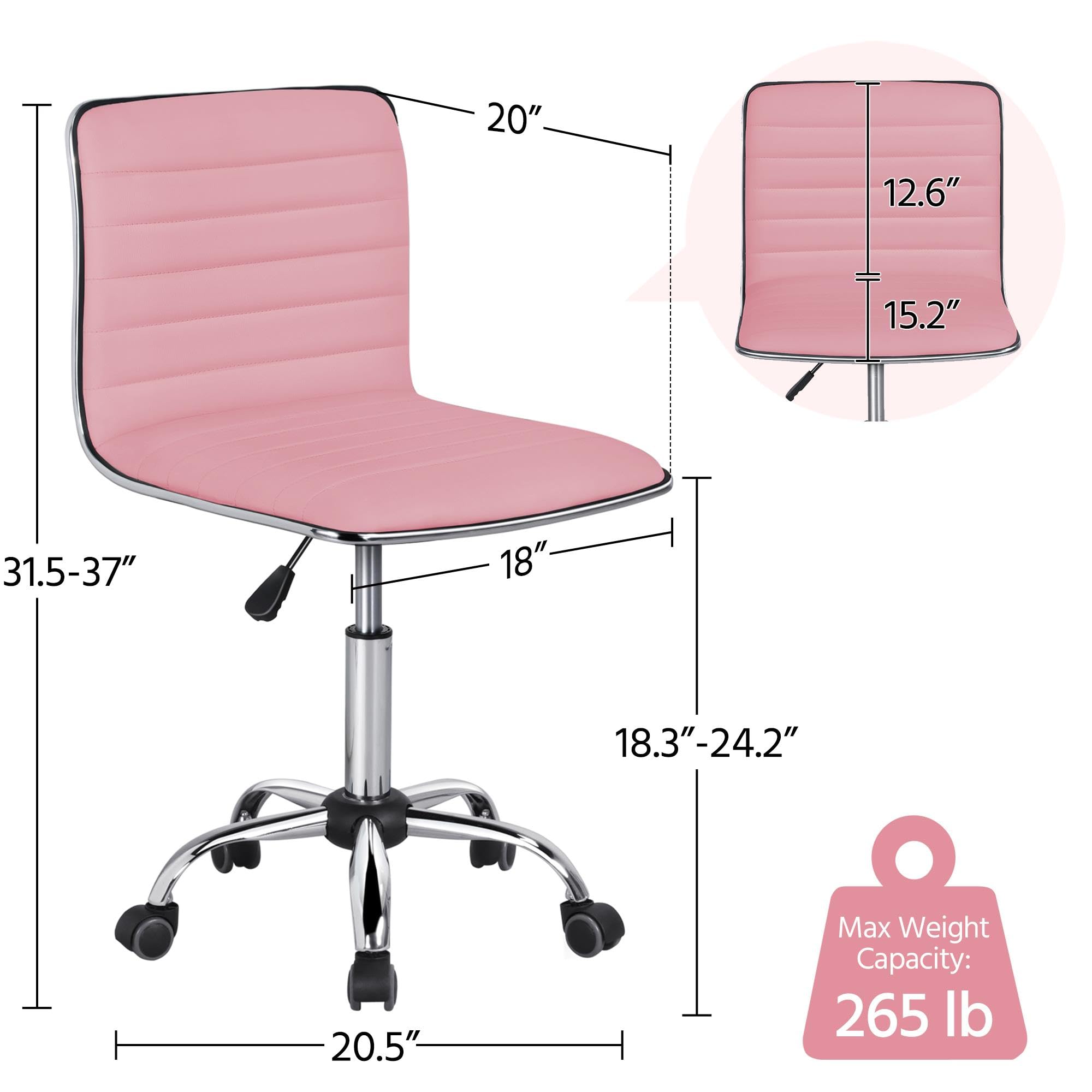 Pink Low Back PU Leather Ribbed Armless Office Chair, Ergonomic Swivel Task Chair with Wheels