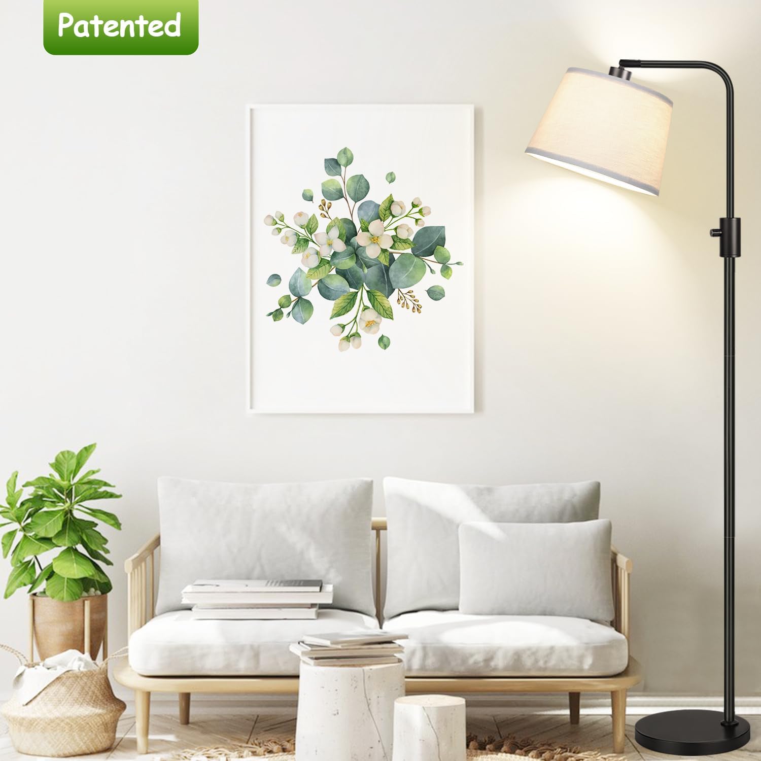 Floor Lamp, 1000 Lumens LED Edison Bulb Included, Arc Floor Lamps for Living Room Modern Standing Lamp with Linen Shade, Tall Lamp for Bedroom Office Dining Room- Black