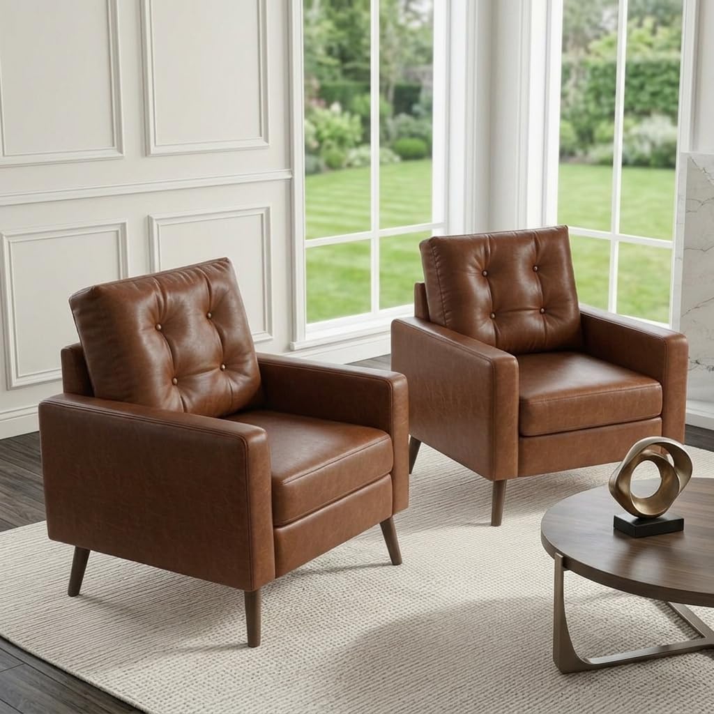 Mid Century Modern Armchair, Button Tufted Faux Leather Accent Chair with Armrests, Upholstered Club Chair for Living Room, Bedroom & Office, Caramel Brown