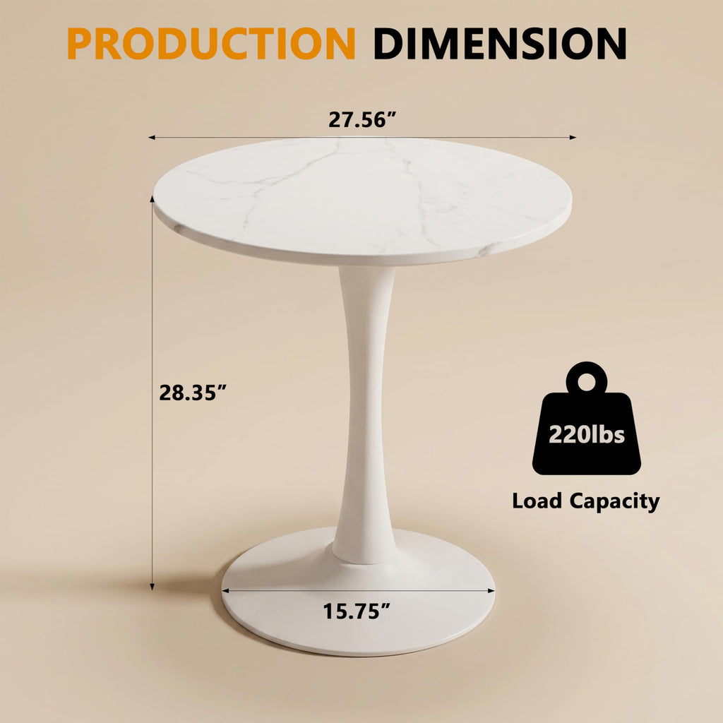 Sybrioka 27.6" Marble Round Tulip Table, Mid-Century Modern Style Dining Table with White Pedestal Base for 2-4 People, Featuring A Marble Tabletop for Kitchen, Dining Room, Cafe (White)