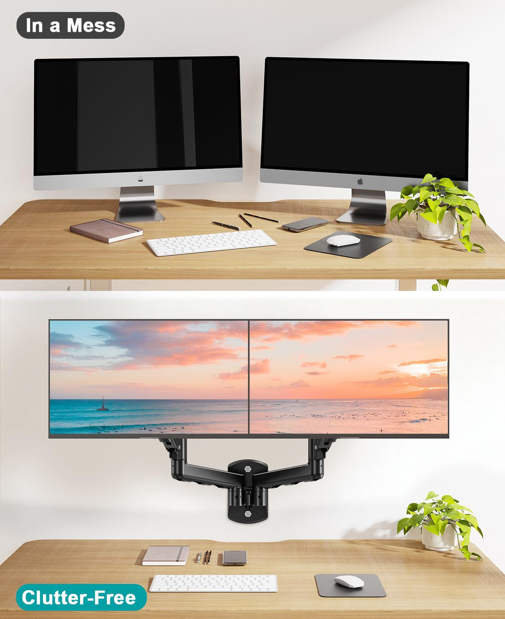 Dual Monitor Wall Mount for 2 Computer Screen up to 32 Inch, Gas Spring Double Monitor Arm Holds Up to 17.6lbs Each, Full Motion Adjustable Wall Monitor Mount, VESA Mount 75x75/100x100