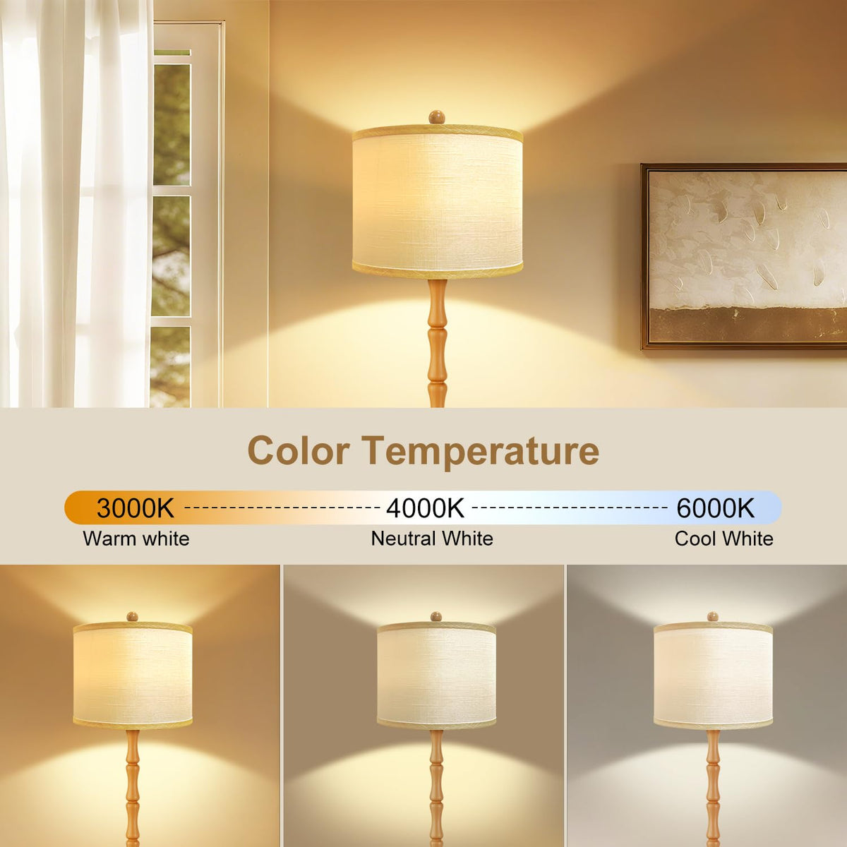 Vintage Wood Floor Lamps with Rotary Switch, 3 Color Temperatures Bulb,Modern Farmhouse Floor Lamps for Living Room,Rustic Standing Lamp for Bedroom,Tall Lamp for Office Corner Nursey Decor