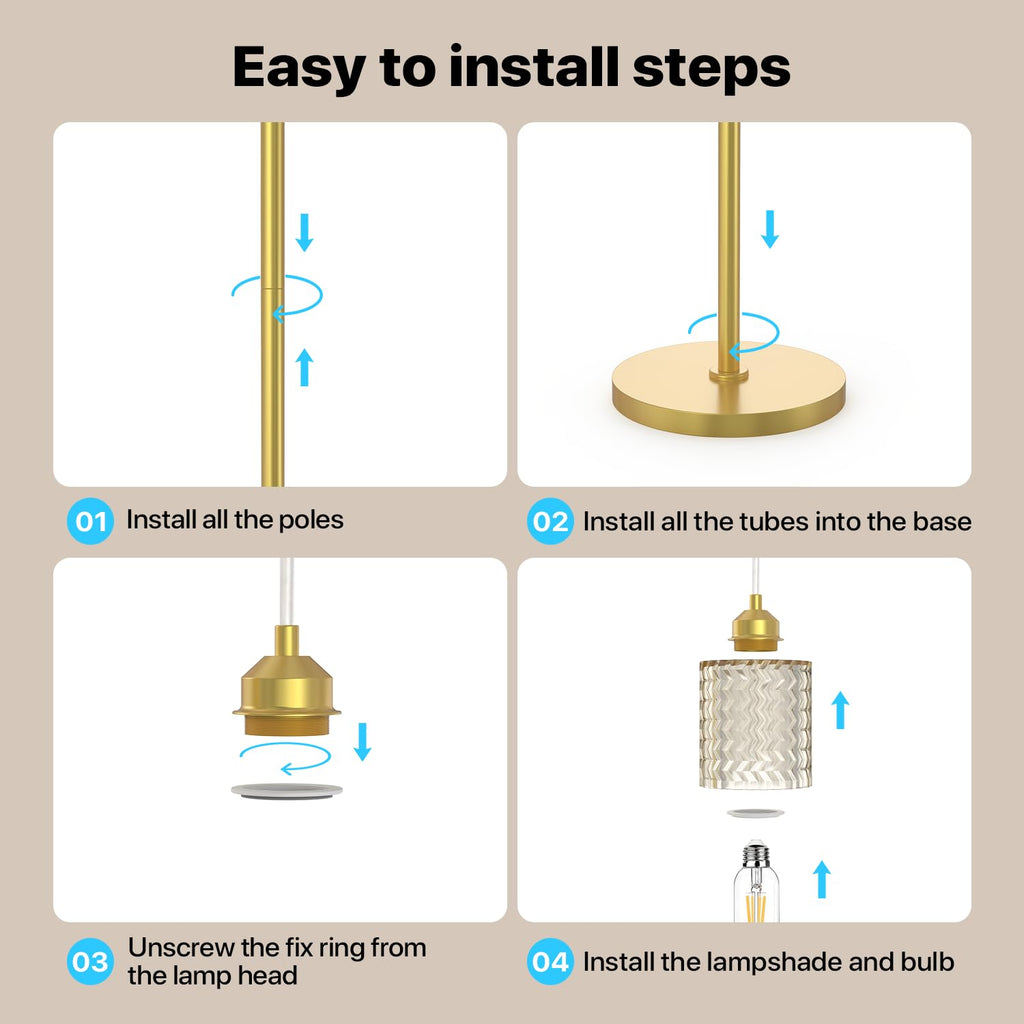 Gold Floor Lamp for Living Room, 3-Light Gold Glass Lampshades
