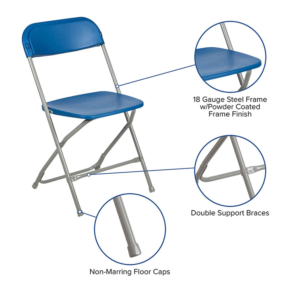 Set of 10, Hercules Series Plastic Folding Chairs for Parties and Weddings, Stackable Commercial Event Seats, Blue