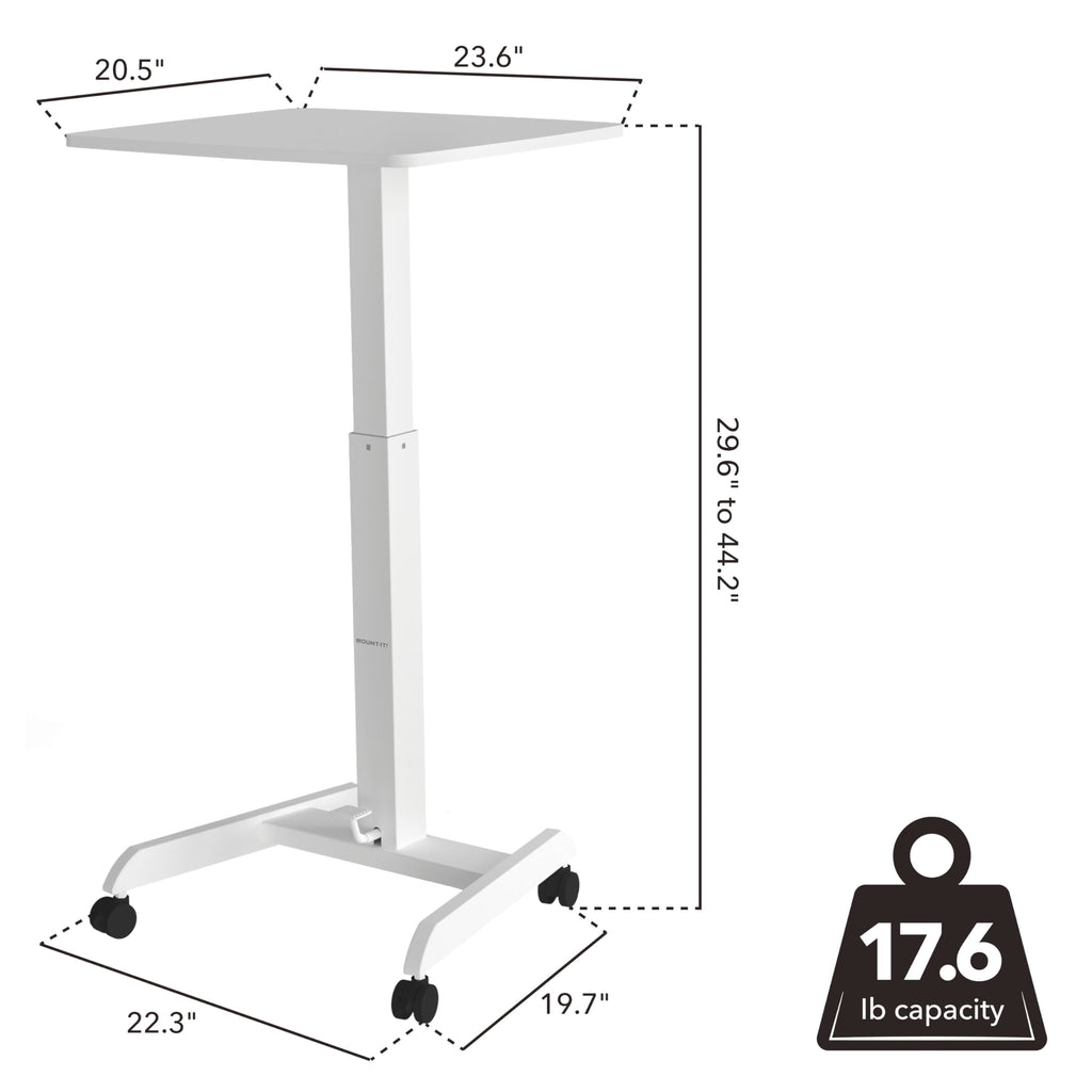 Adjustable Rolling Laptop Desk, Mobile Standing Desk with Wheels, Small Sit-Stand Computer Cart for Home, Office, or Classroom, 29.6–44.2" Height, 23.6"x20.5" Desktop, White