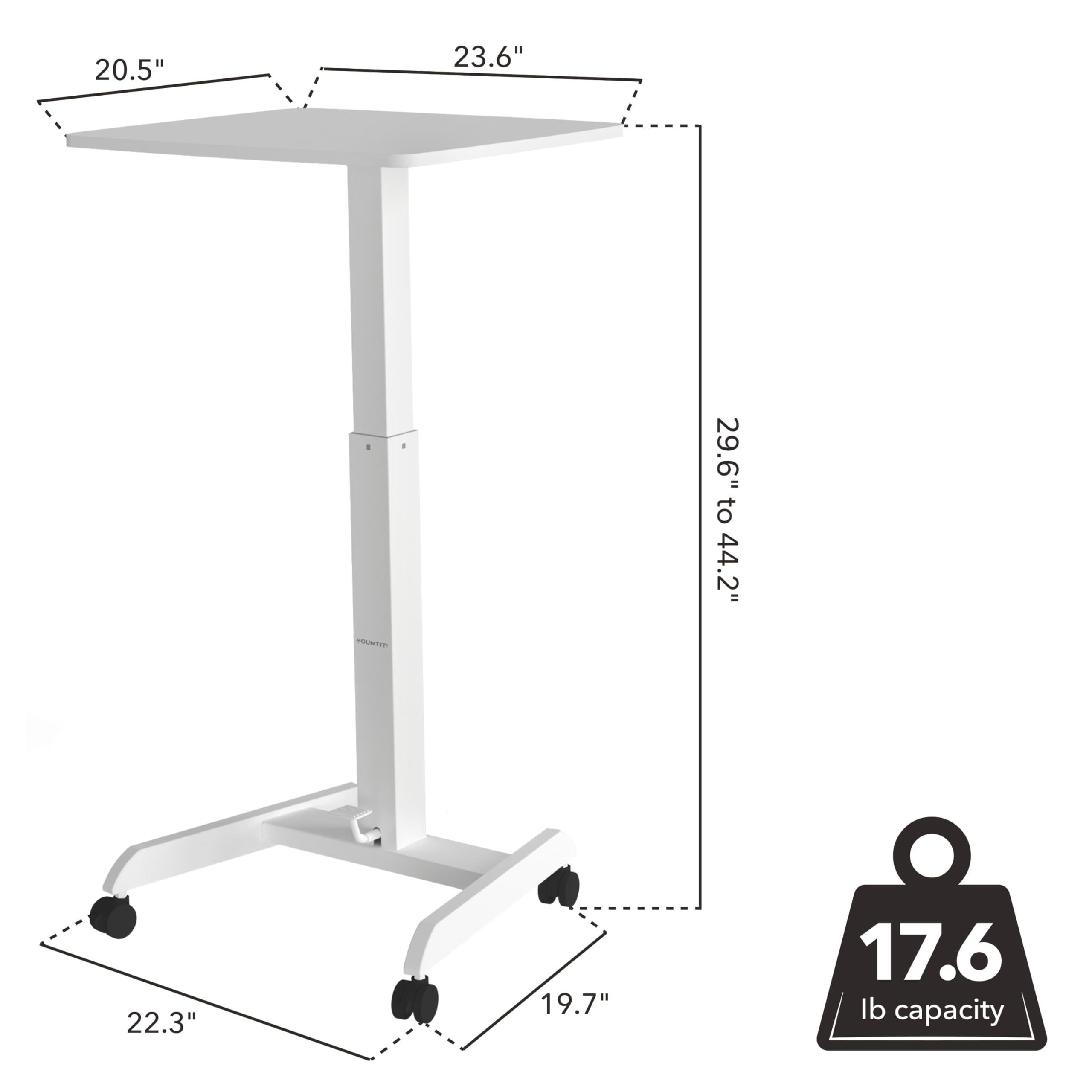 Adjustable Rolling Laptop Desk, Mobile Standing Desk with Wheels, Small Sit-Stand Computer Cart for Home, Office, or Classroom, 29.6–44.2" Height, 23.6"x20.5" Desktop, White