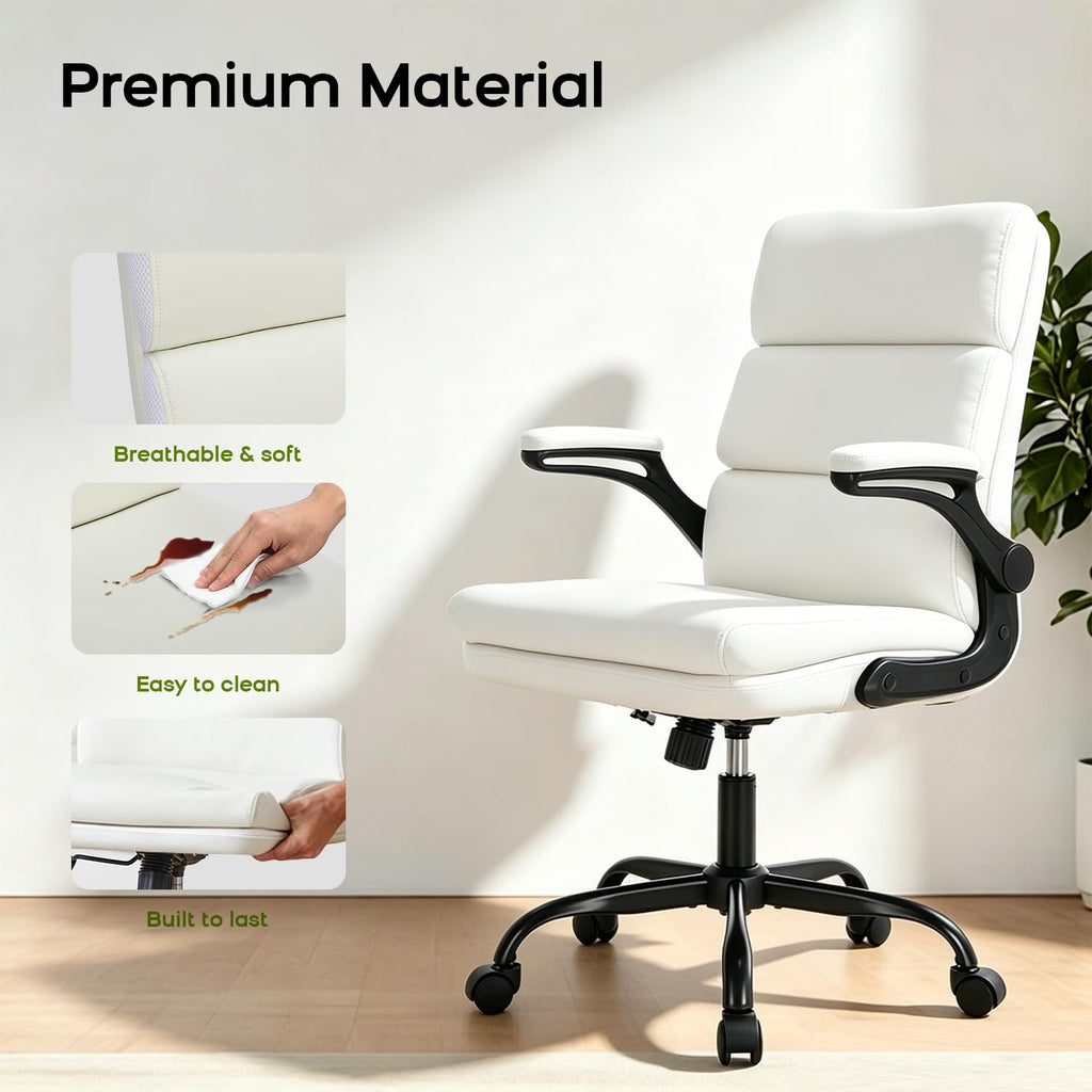Office Chair Adjustable Desk Chair Mid Back Executive Comfortable Bonded Leather Ergonomic Back Support Home Computer Chair with Padded Flip-up Armrest Swivel Wheels (White)