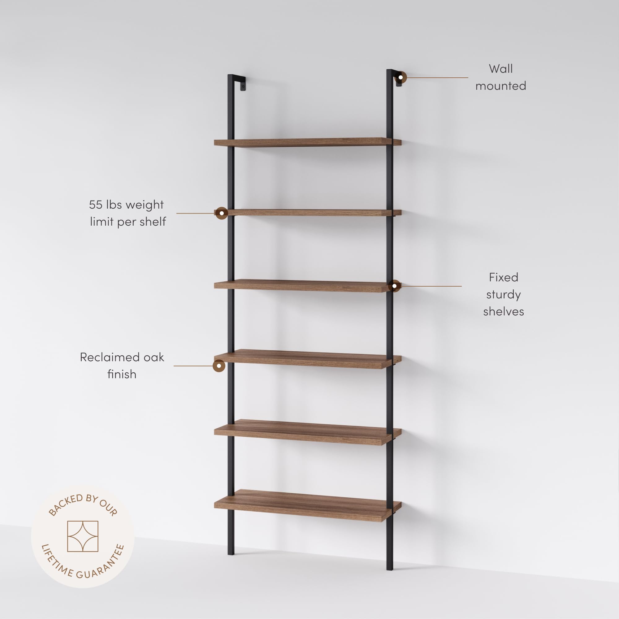 6-Shelf Tall Bookcase, Wall Mount Bookshelf with Reclaimed Wood and Industrial Metal Frame, Oak/Black