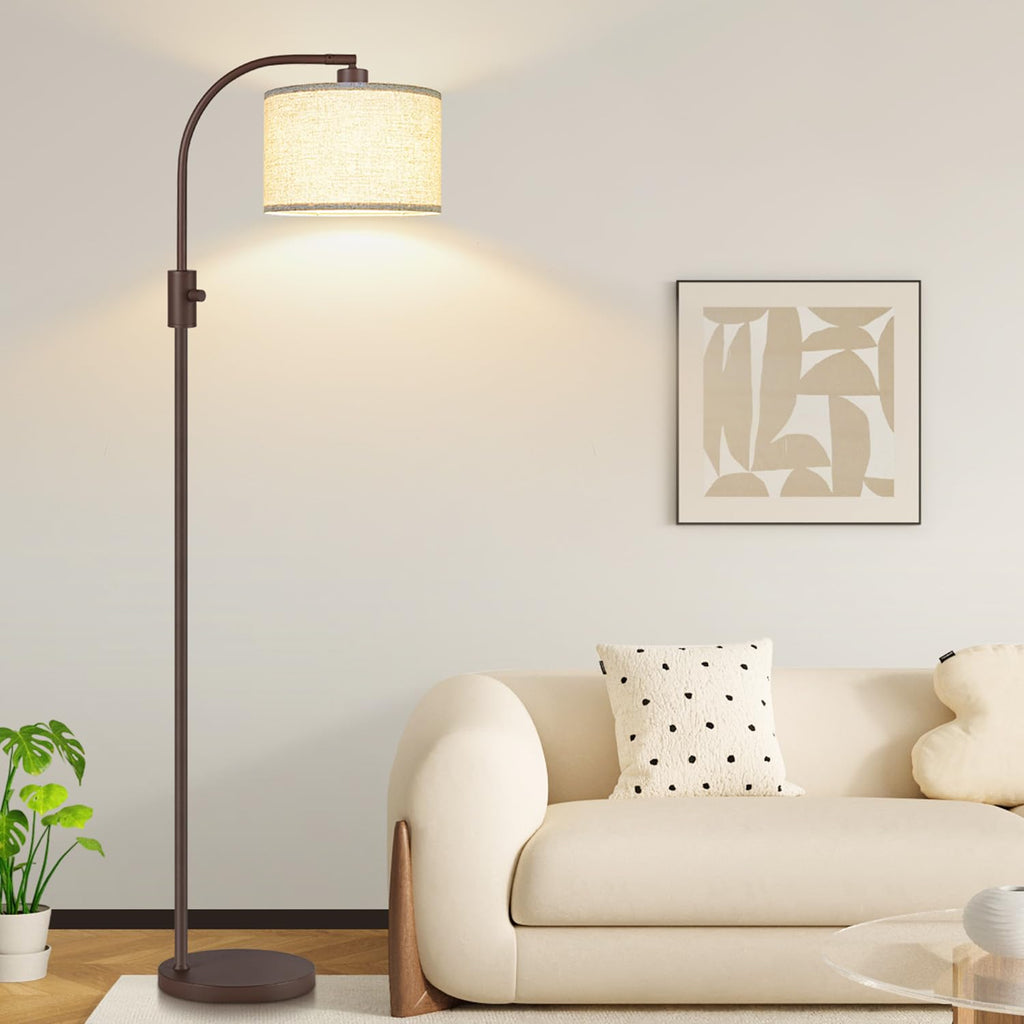 Upgraded Modern Arc Dimmable Tall Standing Floor Lamp with Linen Shade, 1200 Lumens LED Bulb Included, for Living & Reading Room, Bedroom, Office & Nursery, Matte Brown