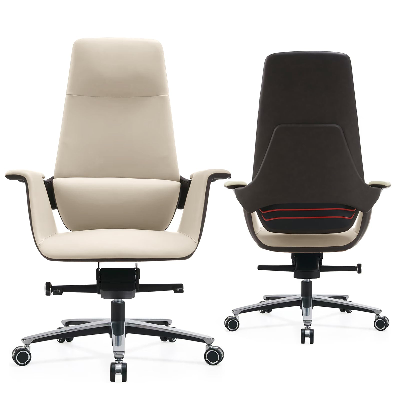Genuine Leather Executive Chair, Top Grain Ergonomic High Back Office Chair with Lumbar Support, Height Adjustable 400lbs Weight Capacity Metal Base with 360° Flexible Wheels (White)