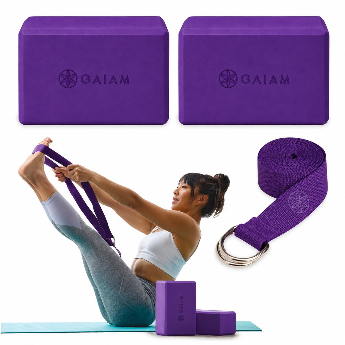 Essentials Yoga Block 2 Pack & Yoga Strap Set, Deep Purple, 9"W x 6"H x 4"D