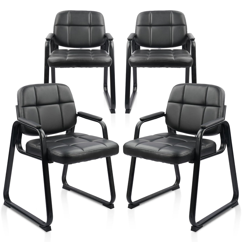 4 Pack, Waiting Room Guest Chair with Bonded Leather Padded Arm Rest for Office Reception and Conference Desk Black with Sled Base