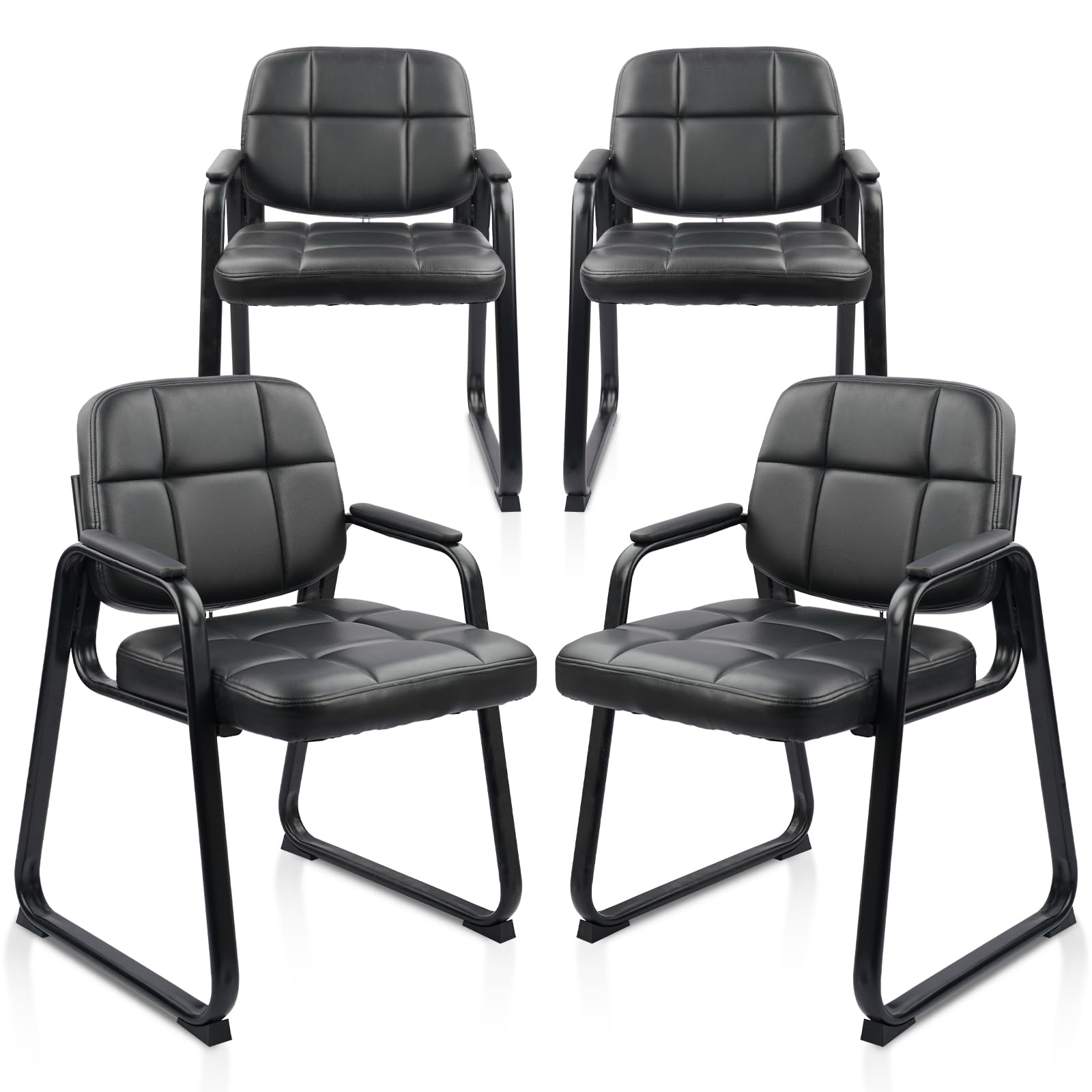 4 Pack, Waiting Room Guest Chair with Bonded Leather Padded Arm Rest for Office Reception and Conference Desk Black with Sled Base