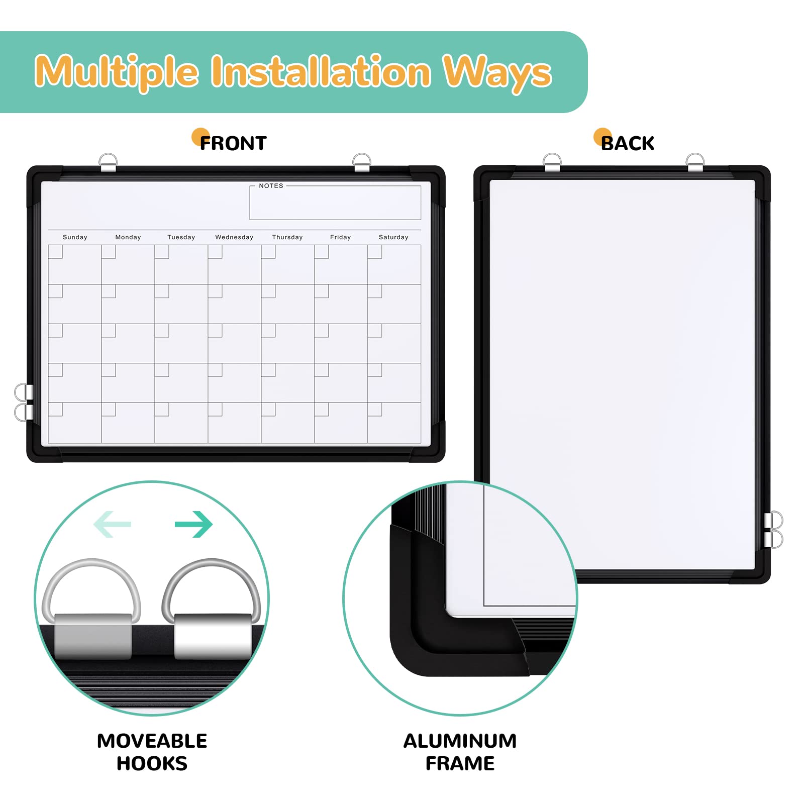 Monthly Calendar Whiteboard for Wall, 16x12 Inches Dry Erase Board, Small Magnetic White Board, Double-Sided Hanging Board for Office School Home Kitchen, Portable Board for Drawing Planning, Black