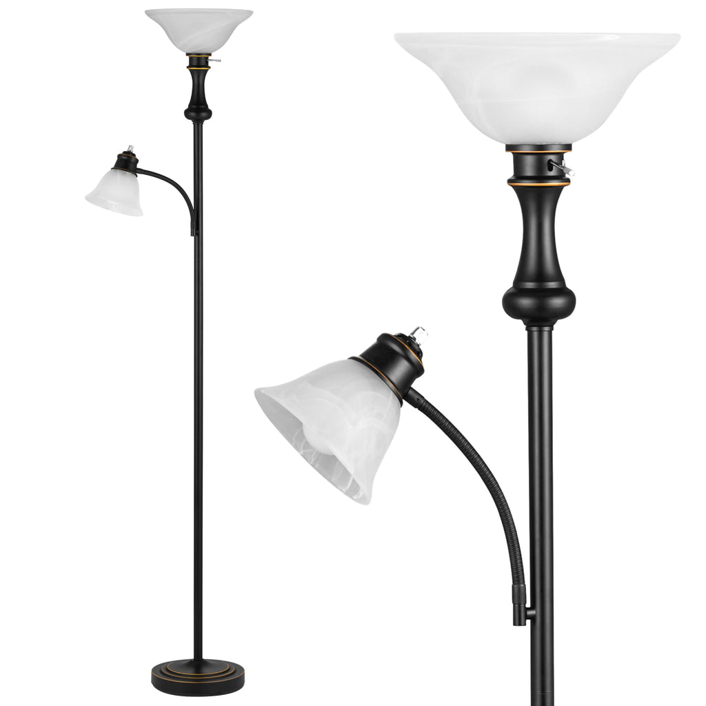 Torchiere Floor Lamp with Adjustable Angle Reading Lamp-Black 71IN
